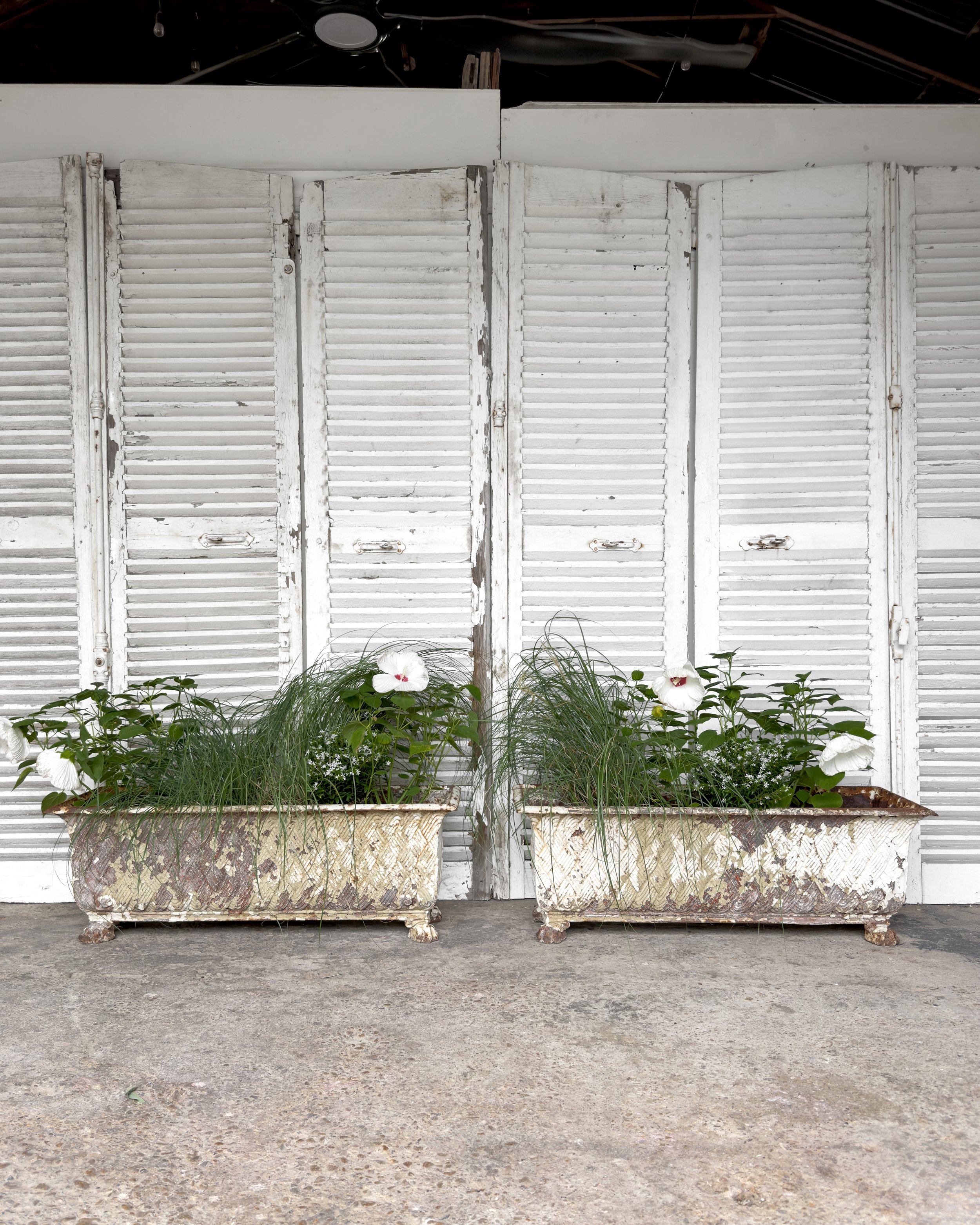 (Pair) Victorian Cast Iron Basket-Weave Planters