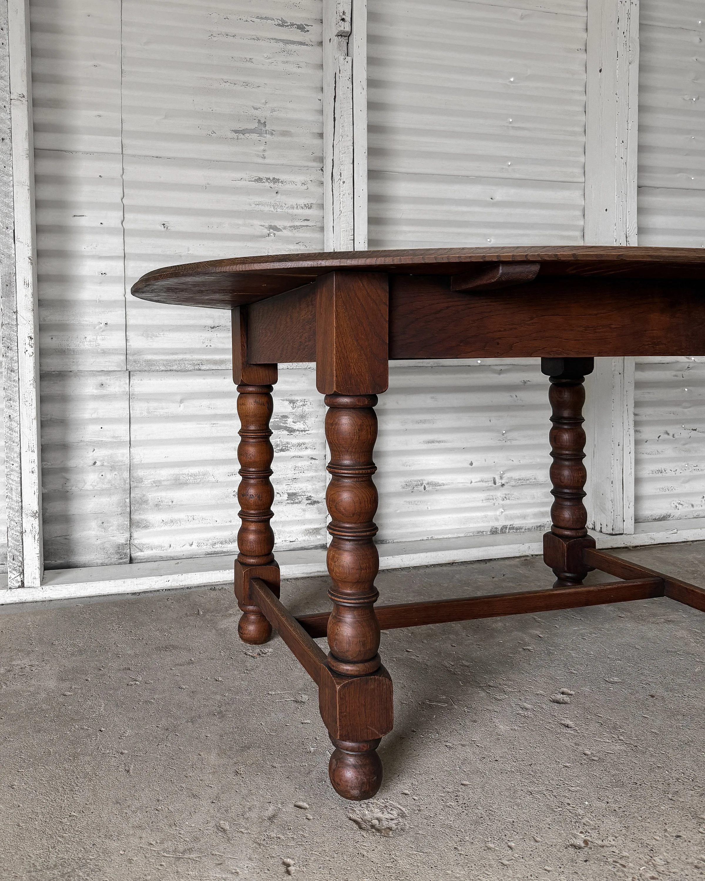 Antique English Oak Oval Table with Turned Legs