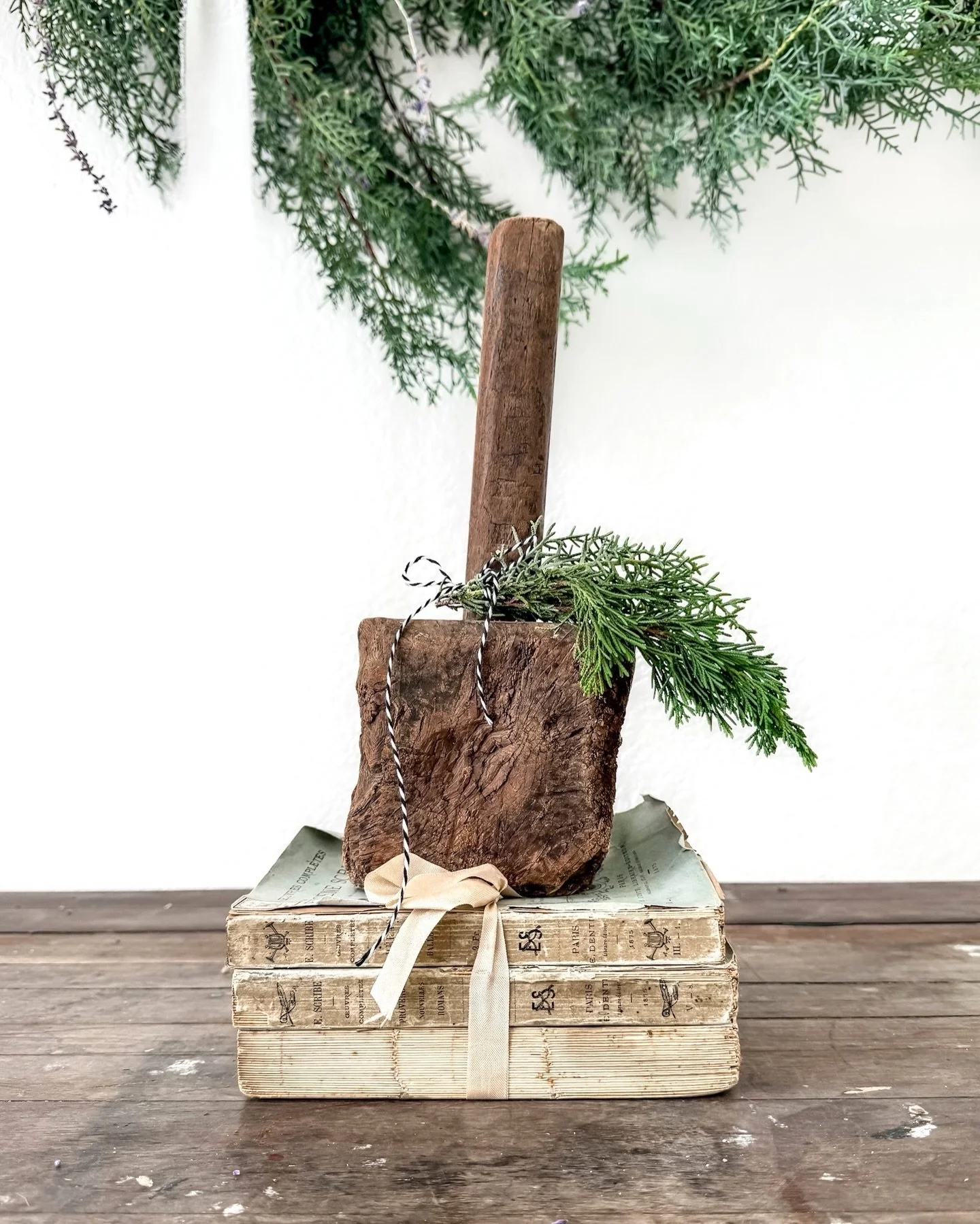 [Available] Hand-hewn and beautifully worn, this Belgian mallet has soul, possibly once used to lay cobblestone roads in Europe. Textured grain, softened edges, and quiet strength&mdash;perfect styled on books or tucked into a holiday vignette.

Meas