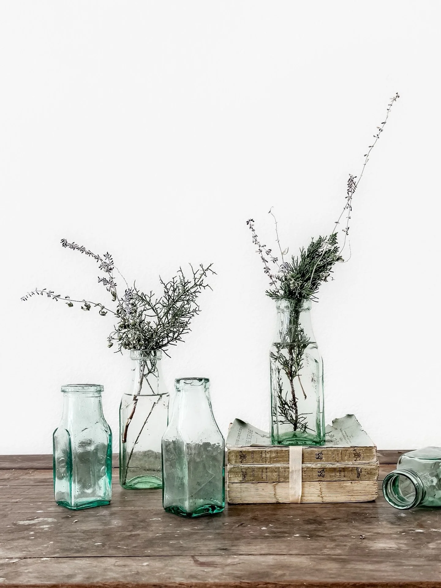 [Available] Vintage English milk bottles with blue-green glass and handblown character. Bubbled, imperfect, and beautiful with winter greens or spring stems.

Found in England between 1890 and 1920, the bottles are a remarkable find from a Victorian-