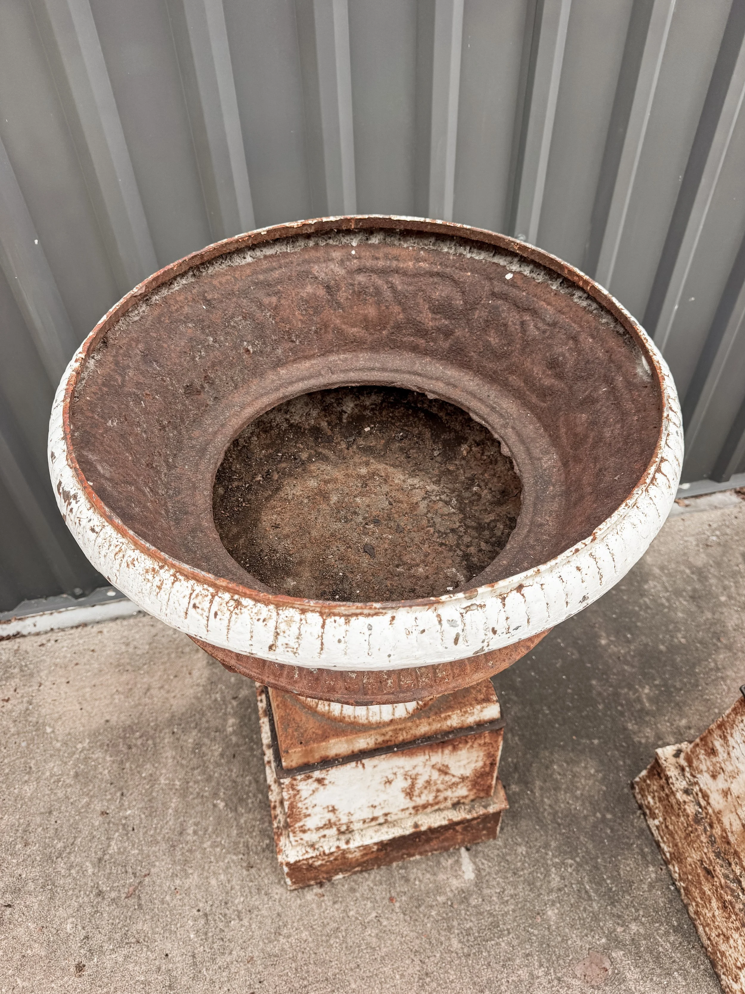 Antique Cast Iron Garden Urns on Tall Plinth Bases
