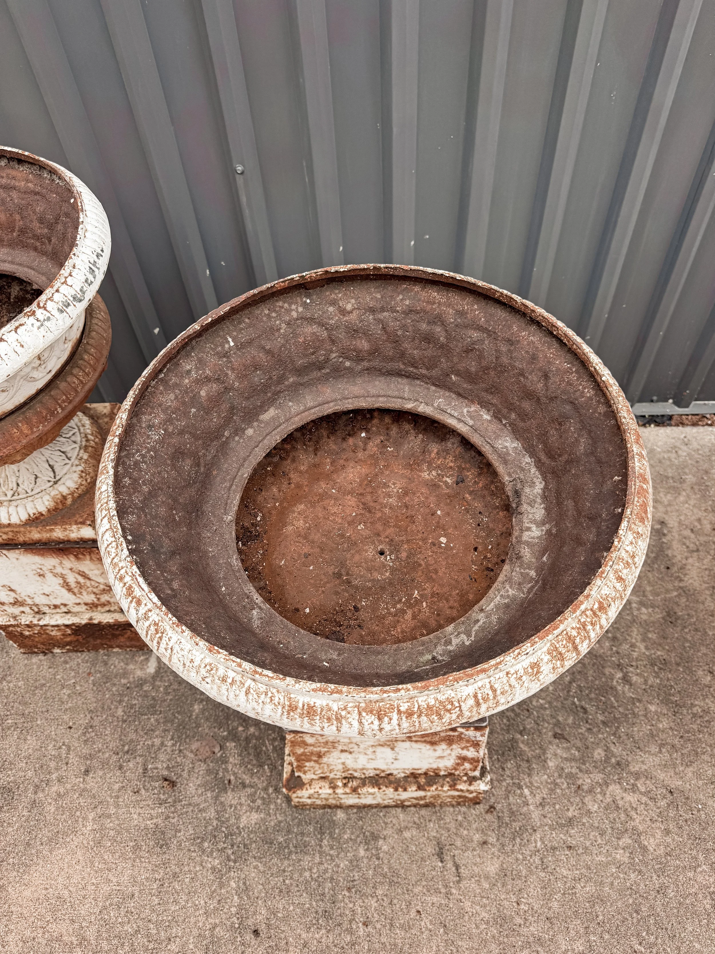 Antique Cast Iron Garden Urns on Tall Plinth Bases