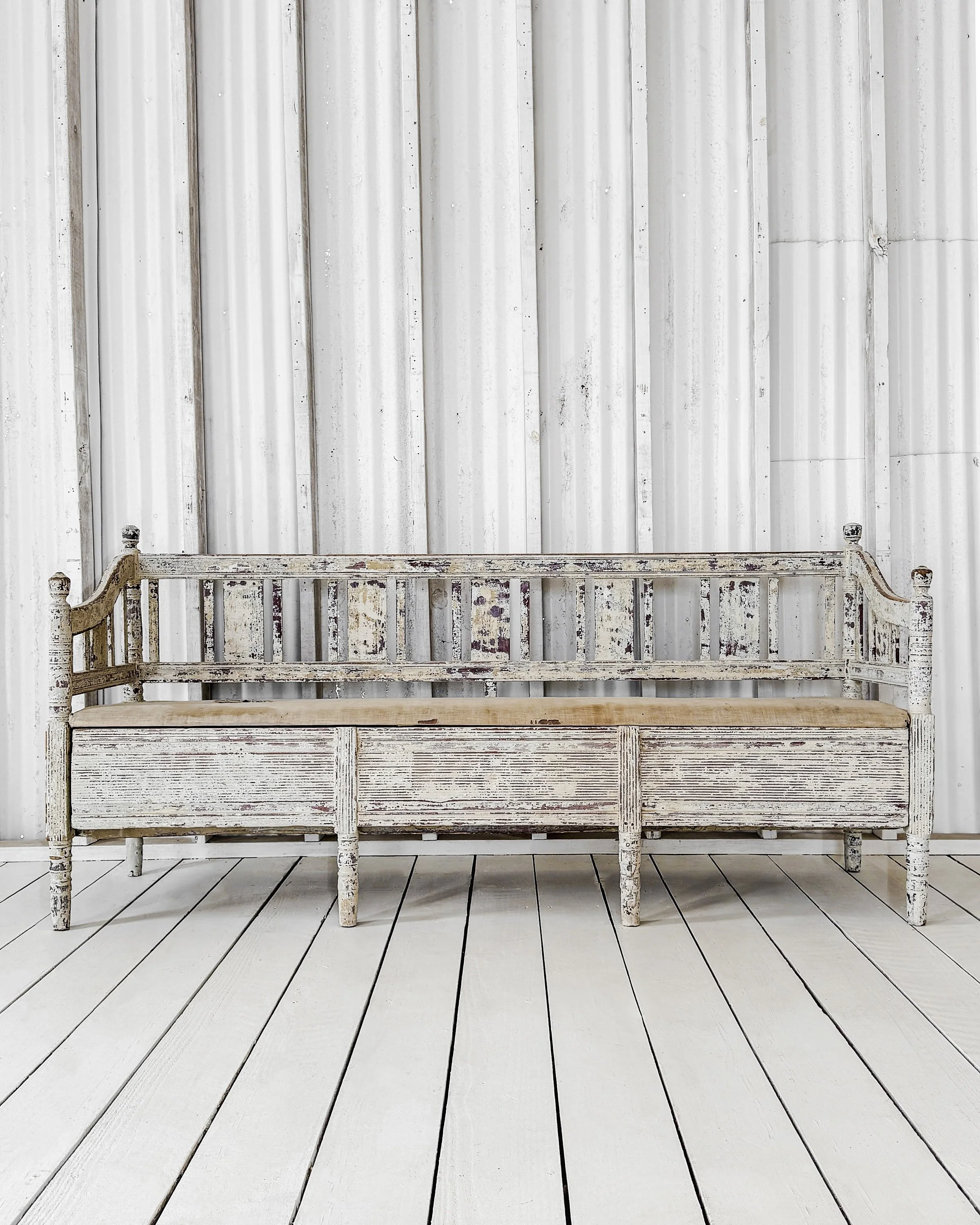 Swedish Slagbänk Storage Bench with Spindle Back