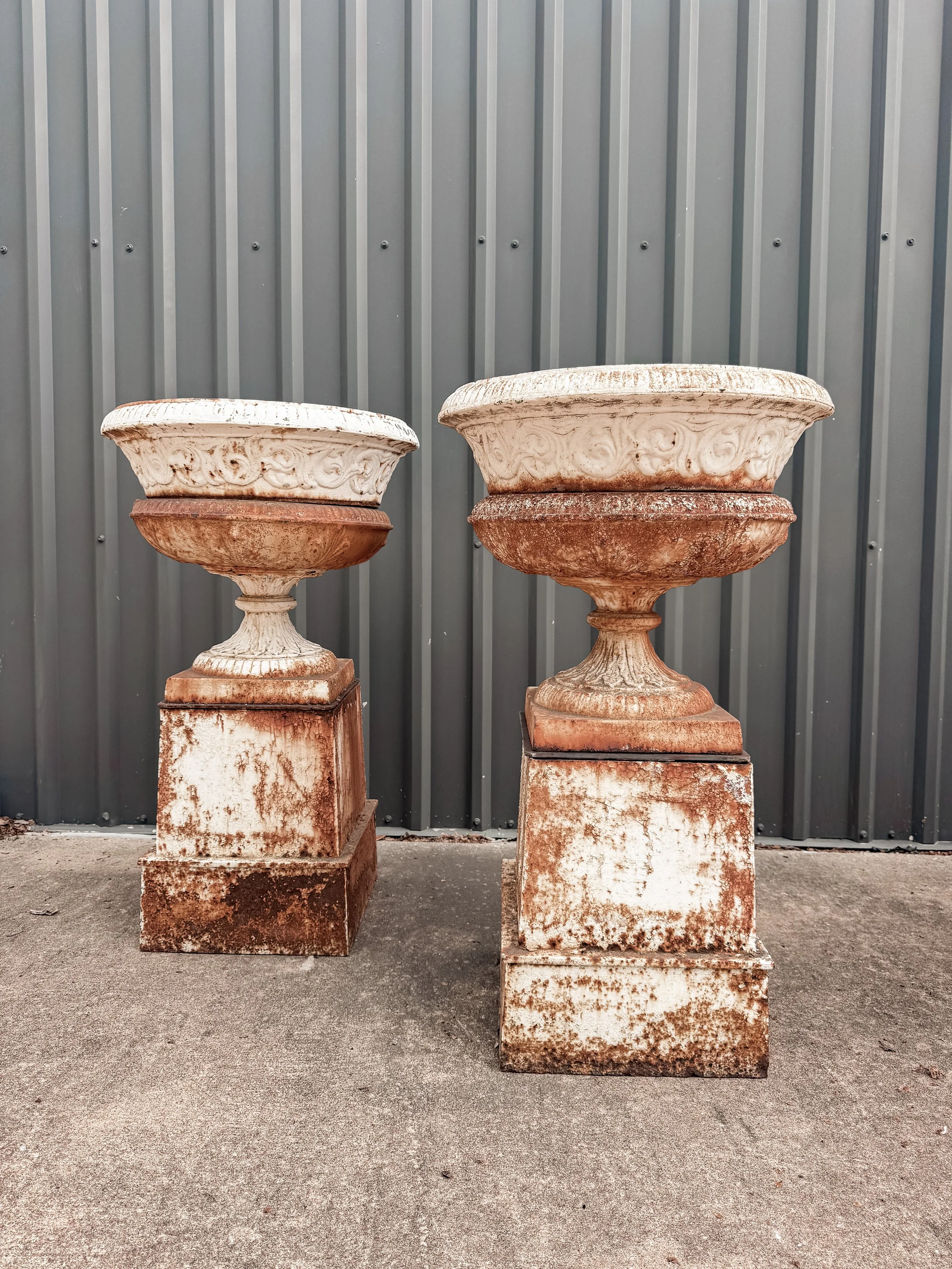 Antique Cast Iron Garden Urns on Tall Plinth Bases