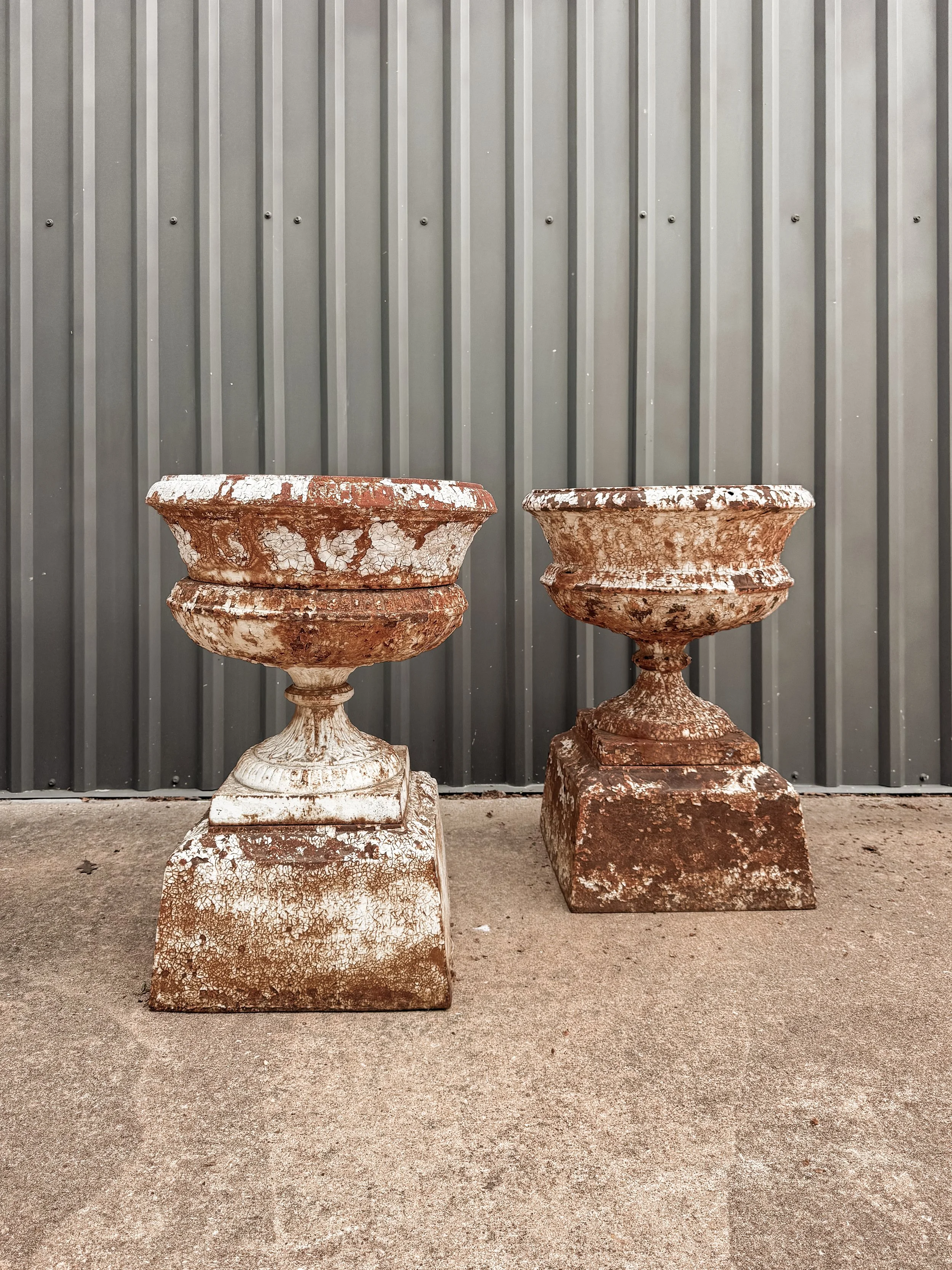 (Pair) Antique Cast Iron Garden Urns on Short Plinth Bases