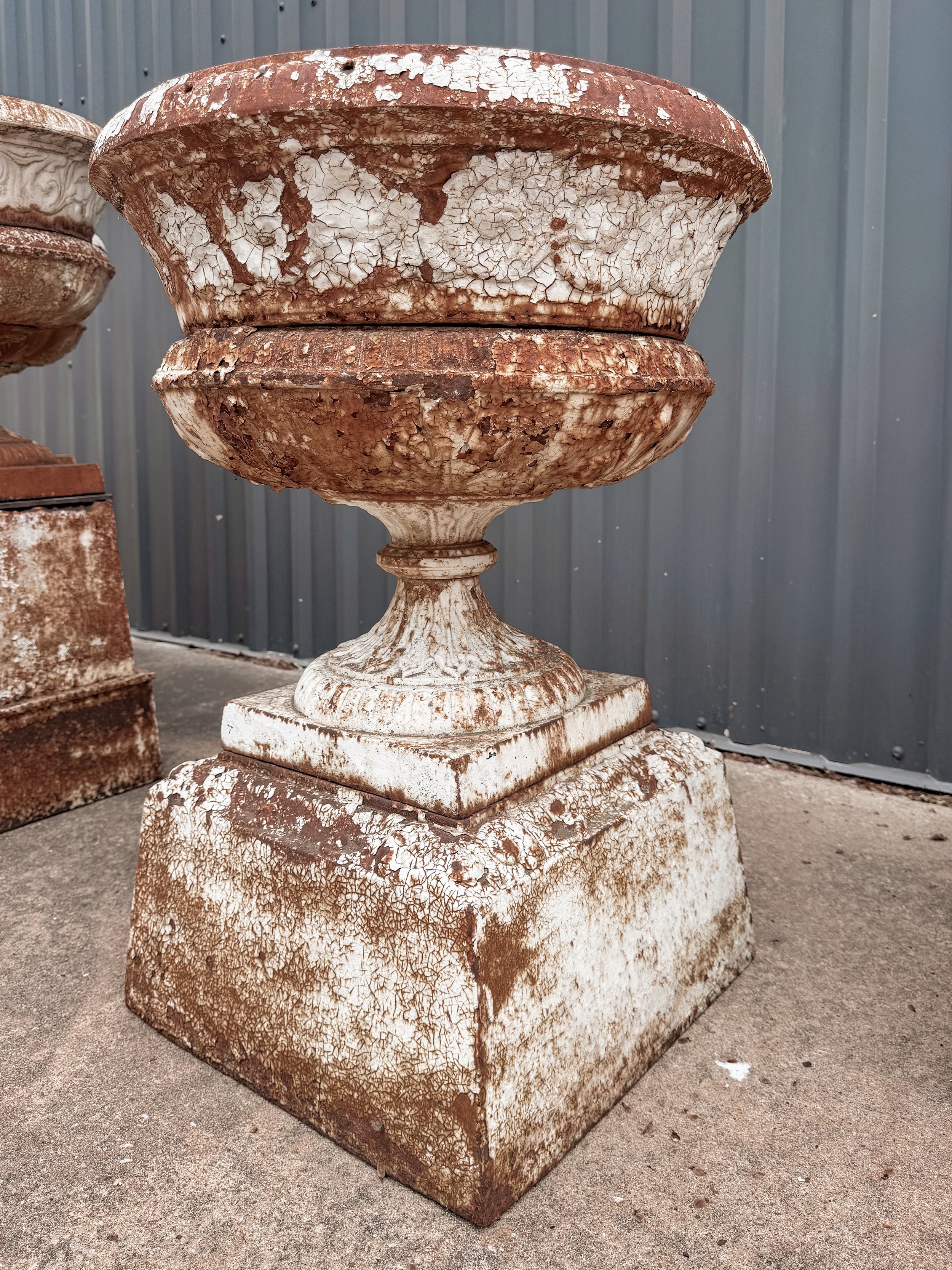 Antique Cast Iron Garden Urns on Integral Plinth Bases
