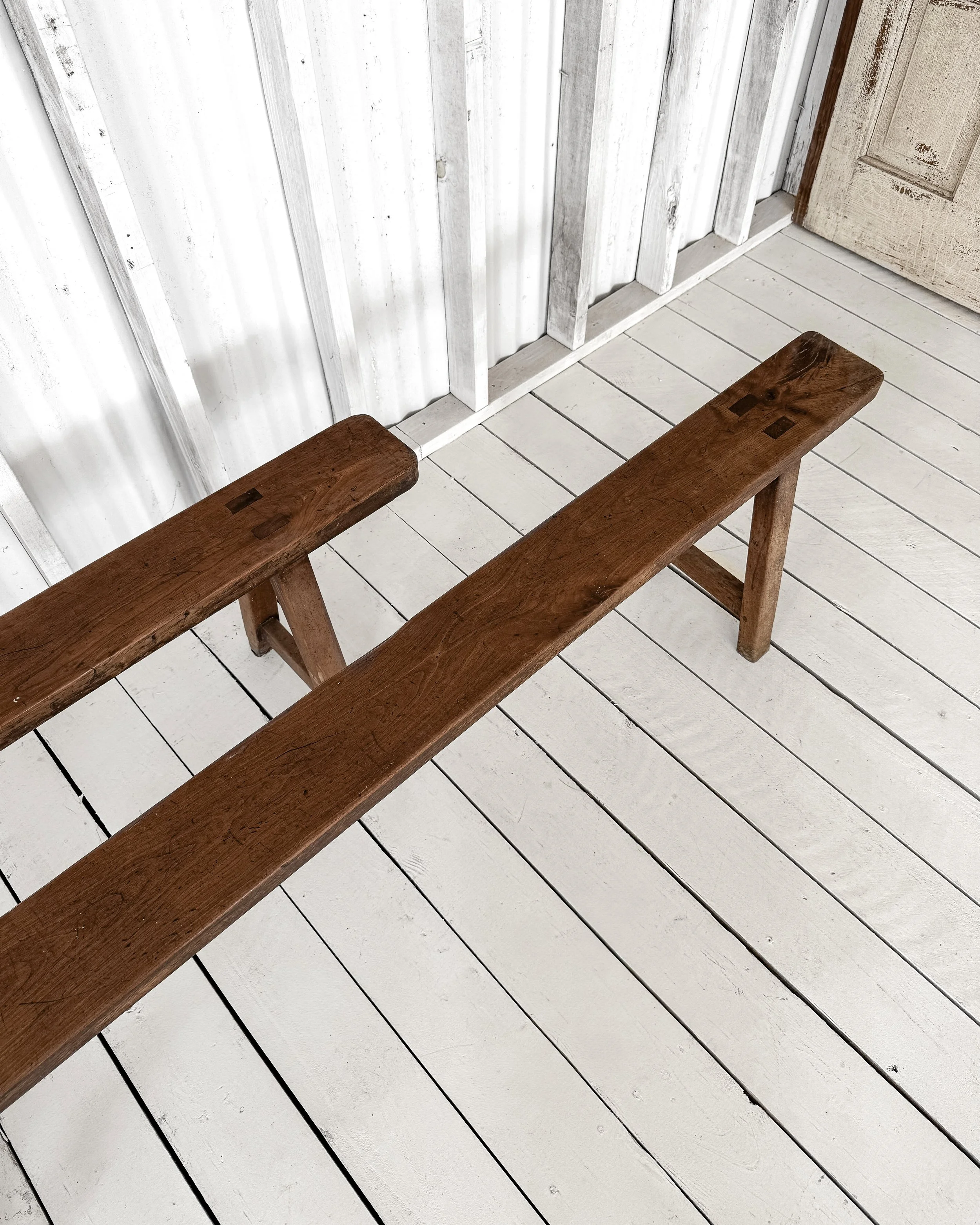 (Pair) Antique Walnut Benches with A-Frame Legs