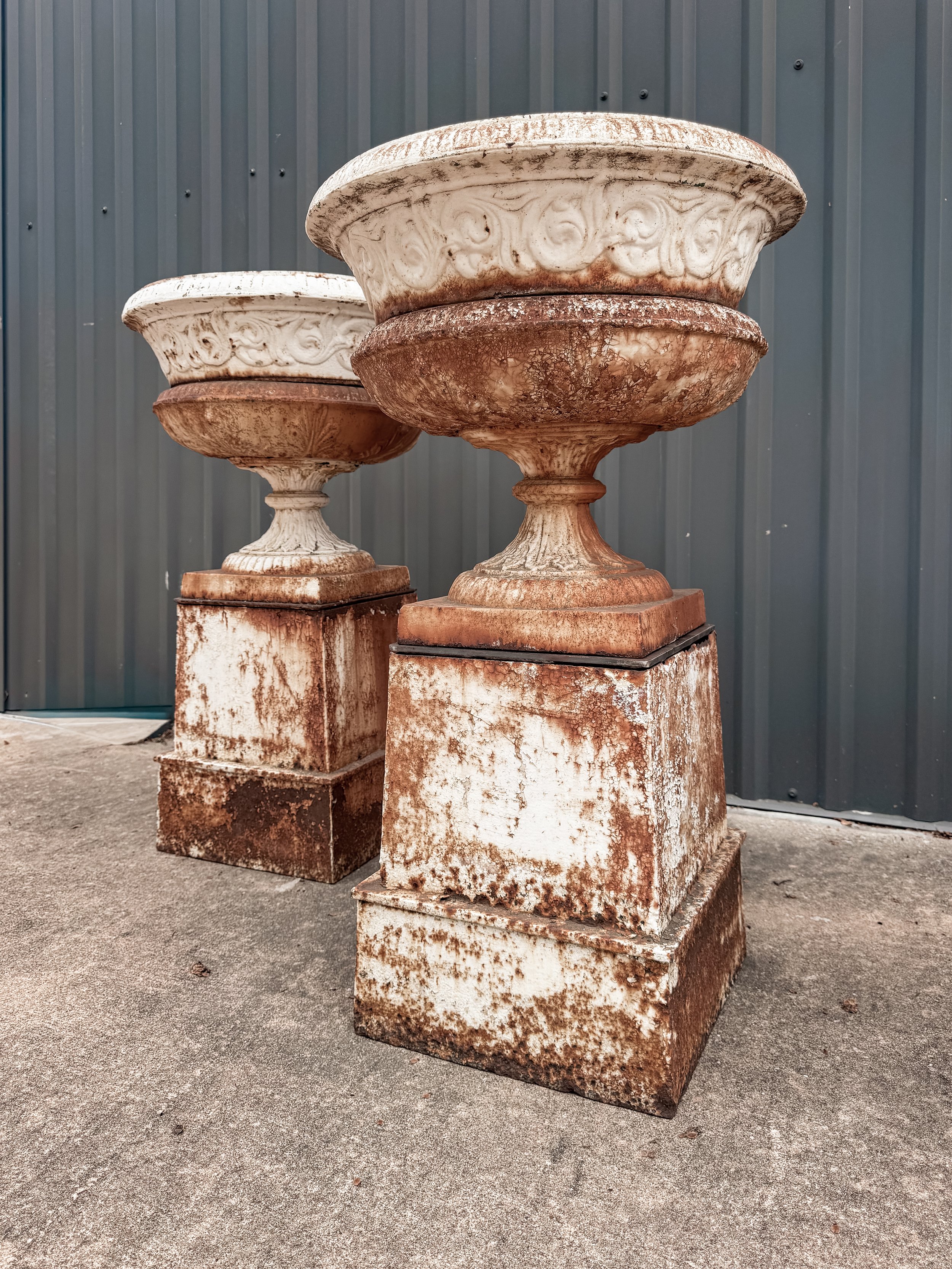 Antique Cast Iron Garden Urns on Tall Plinth Bases