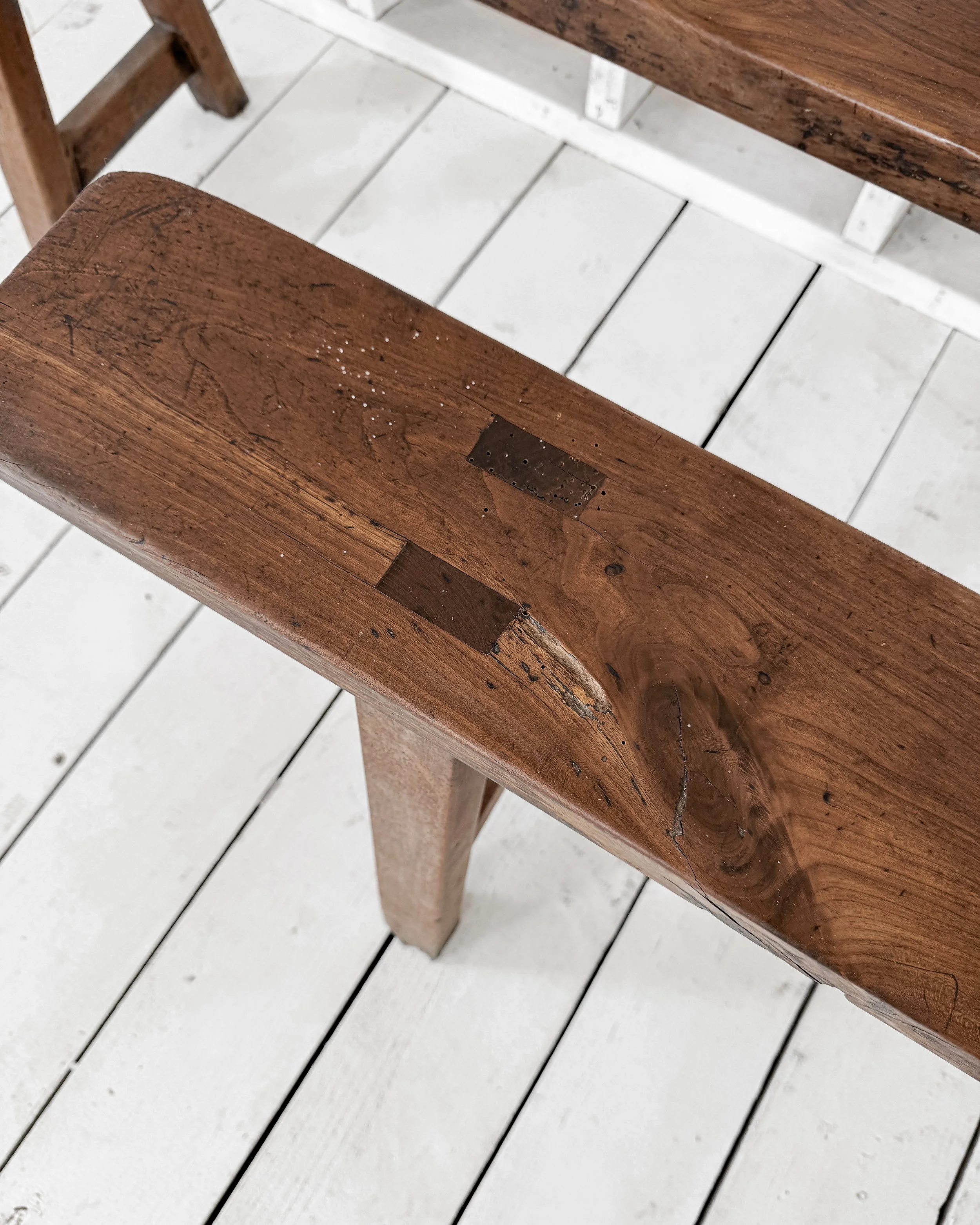 (Pair) Antique Walnut Benches with A-Frame Legs