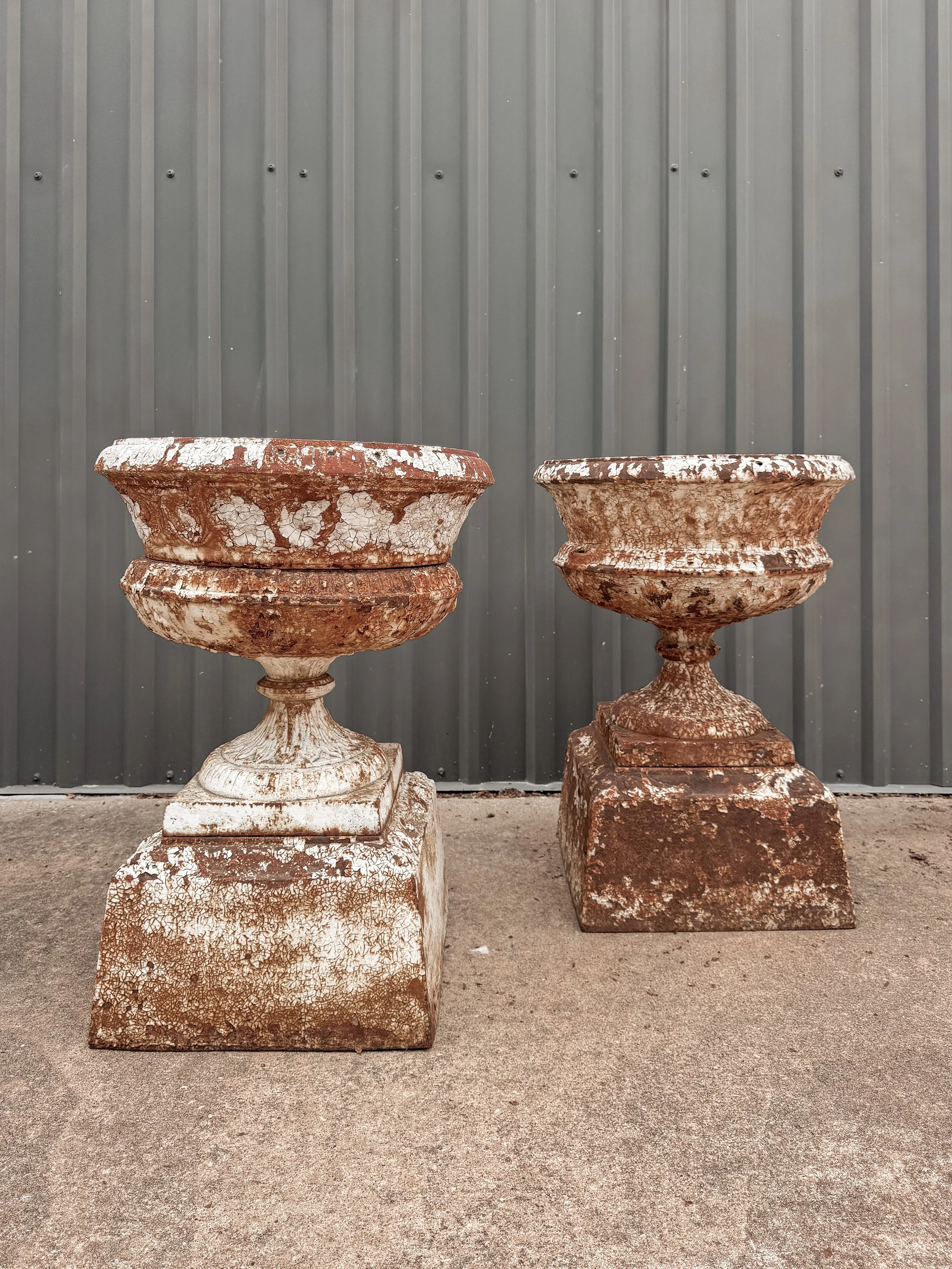 Antique Cast Iron Garden Urns on Integral Plinth Bases