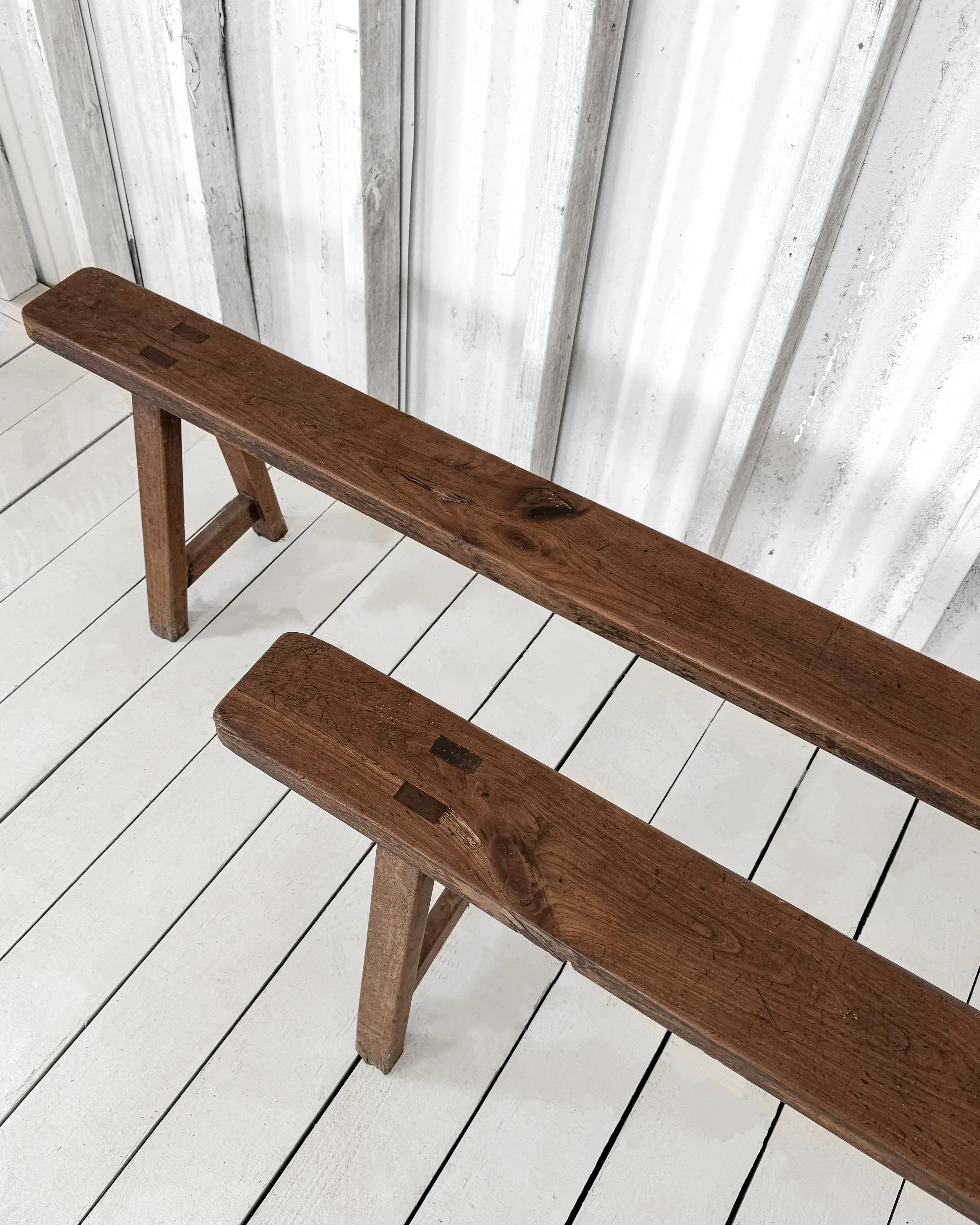 (Pair) Antique Walnut Benches with A-Frame Legs