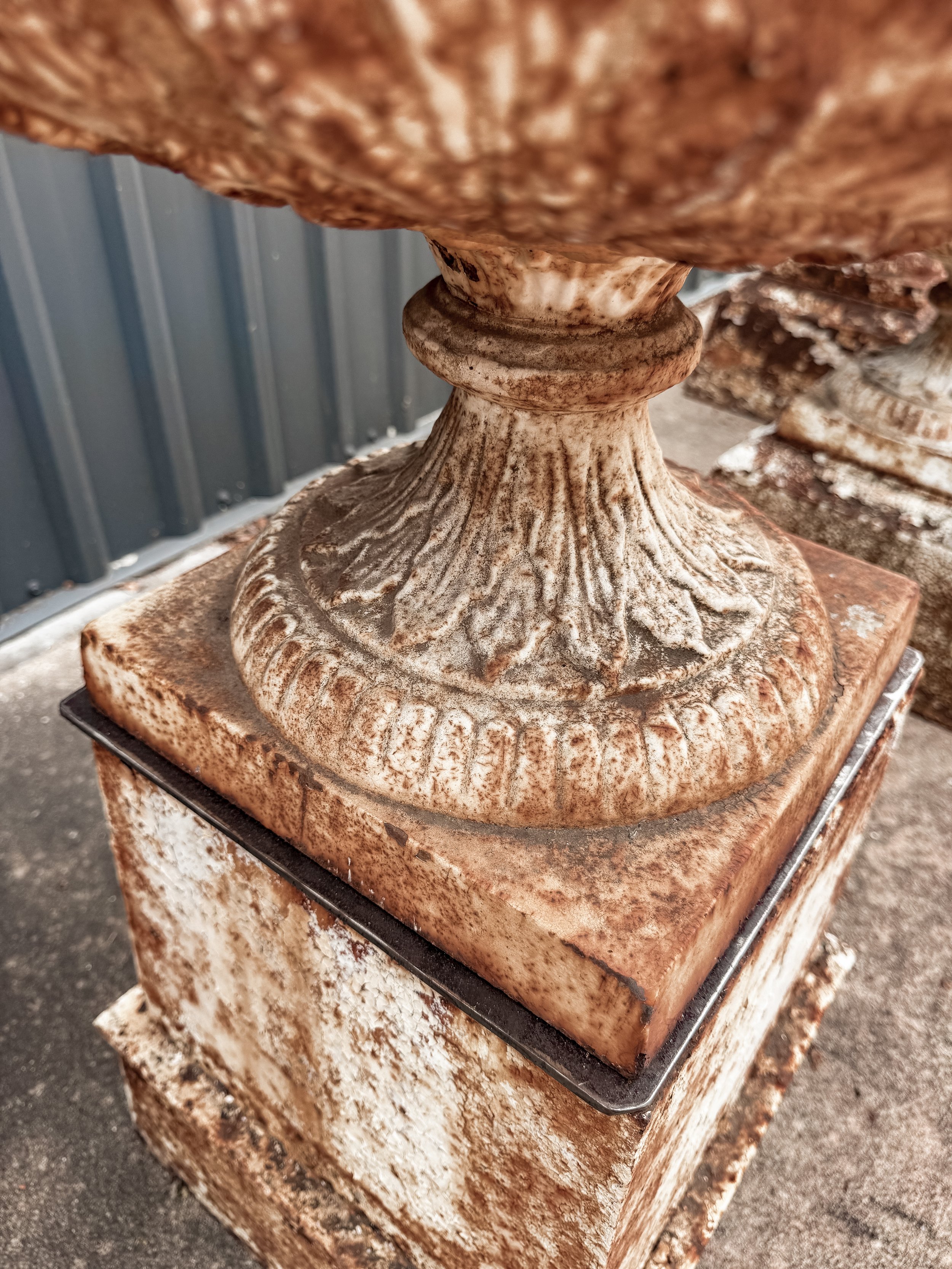 Antique Cast Iron Garden Urns on Tall Plinth Bases
