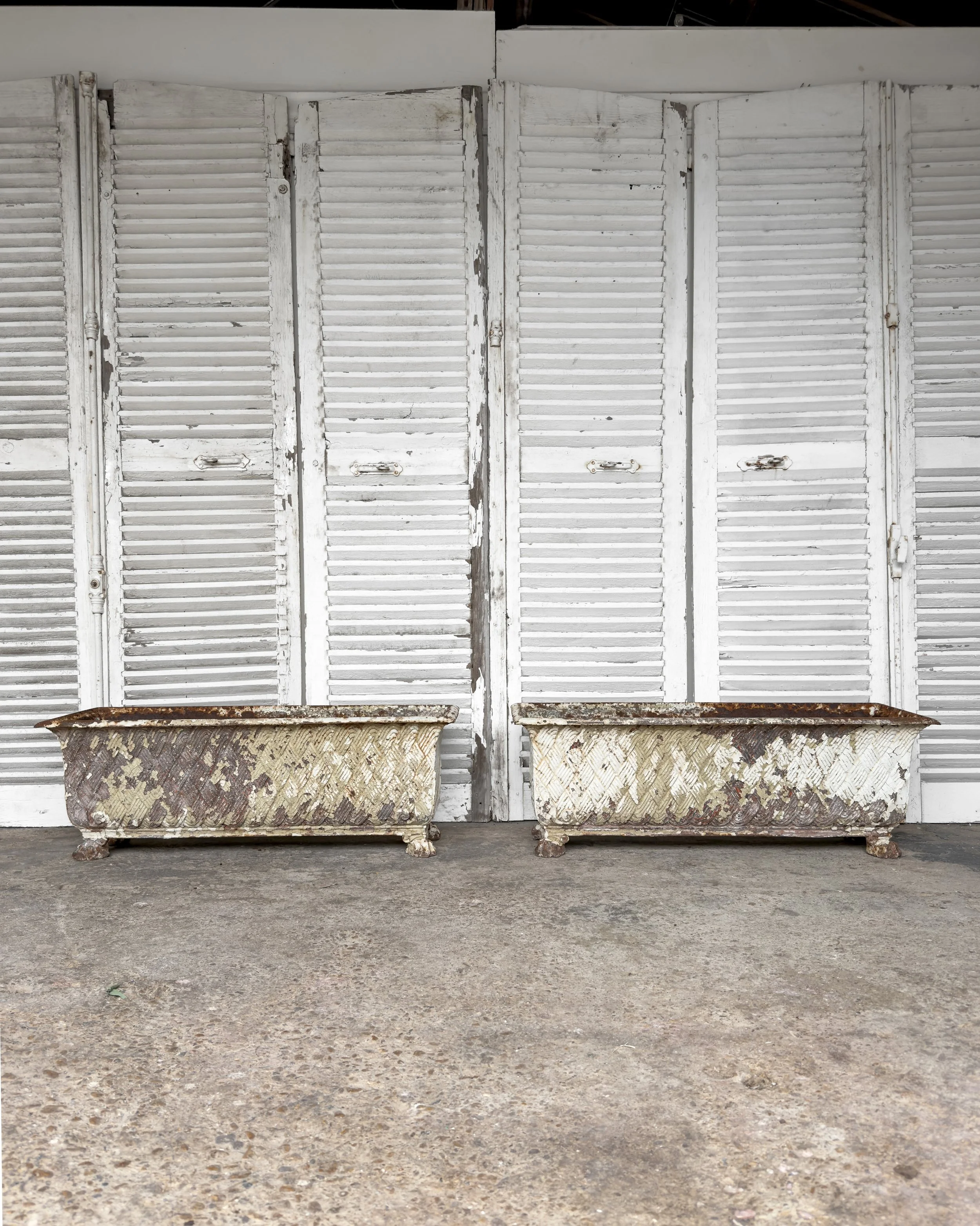 Antique Victorian Cast Iron Basket-Weave Planters