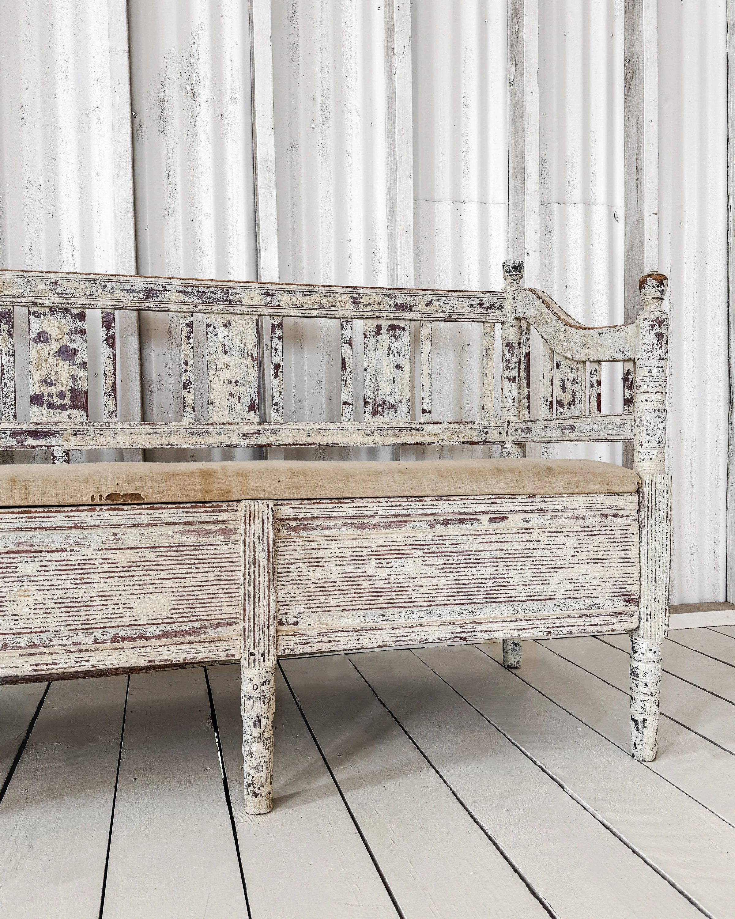 Swedish Slagbänk Storage Bench with Spindle Back