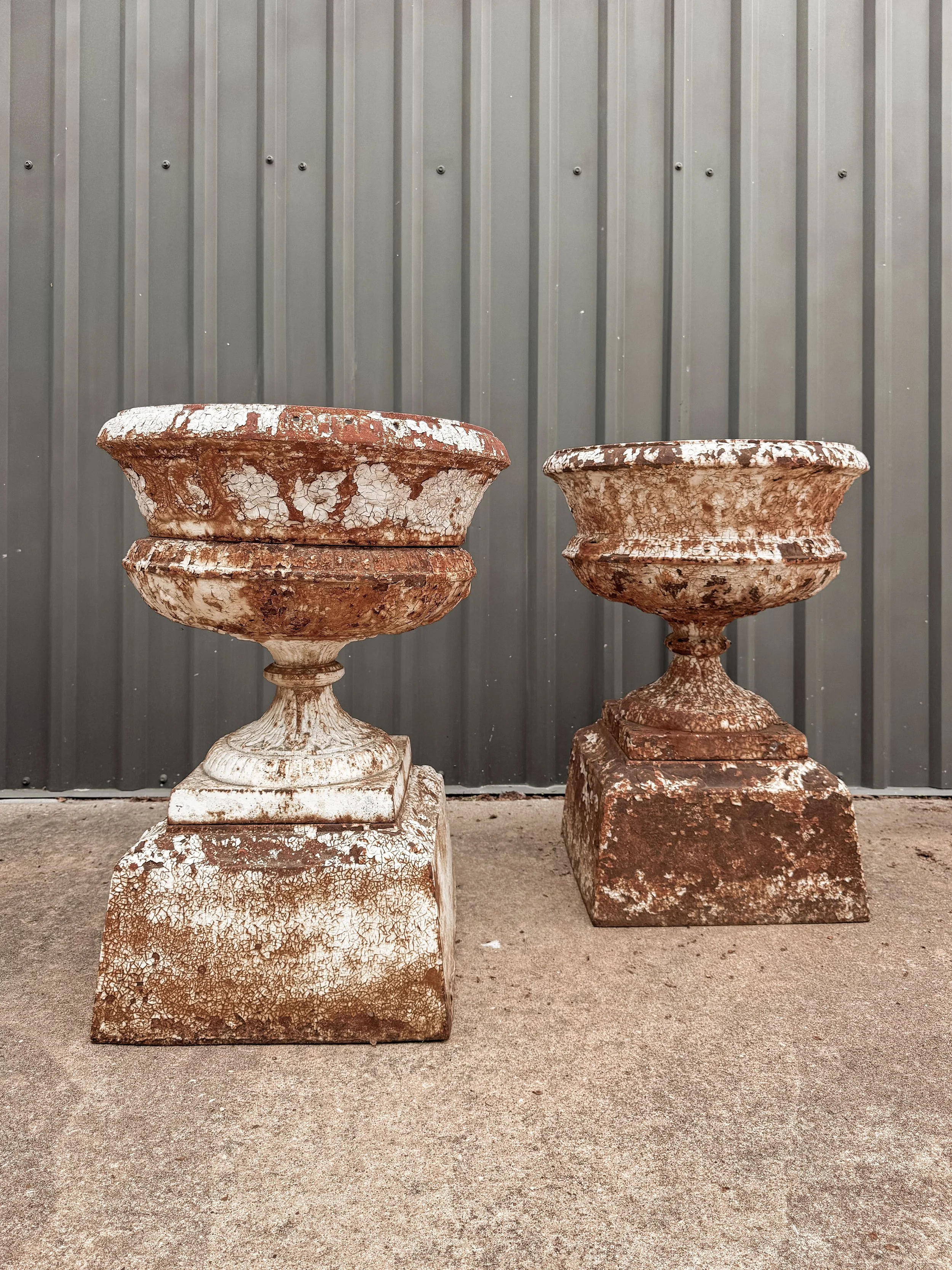 Antique Cast Iron Garden Urns on Integral Plinth Bases