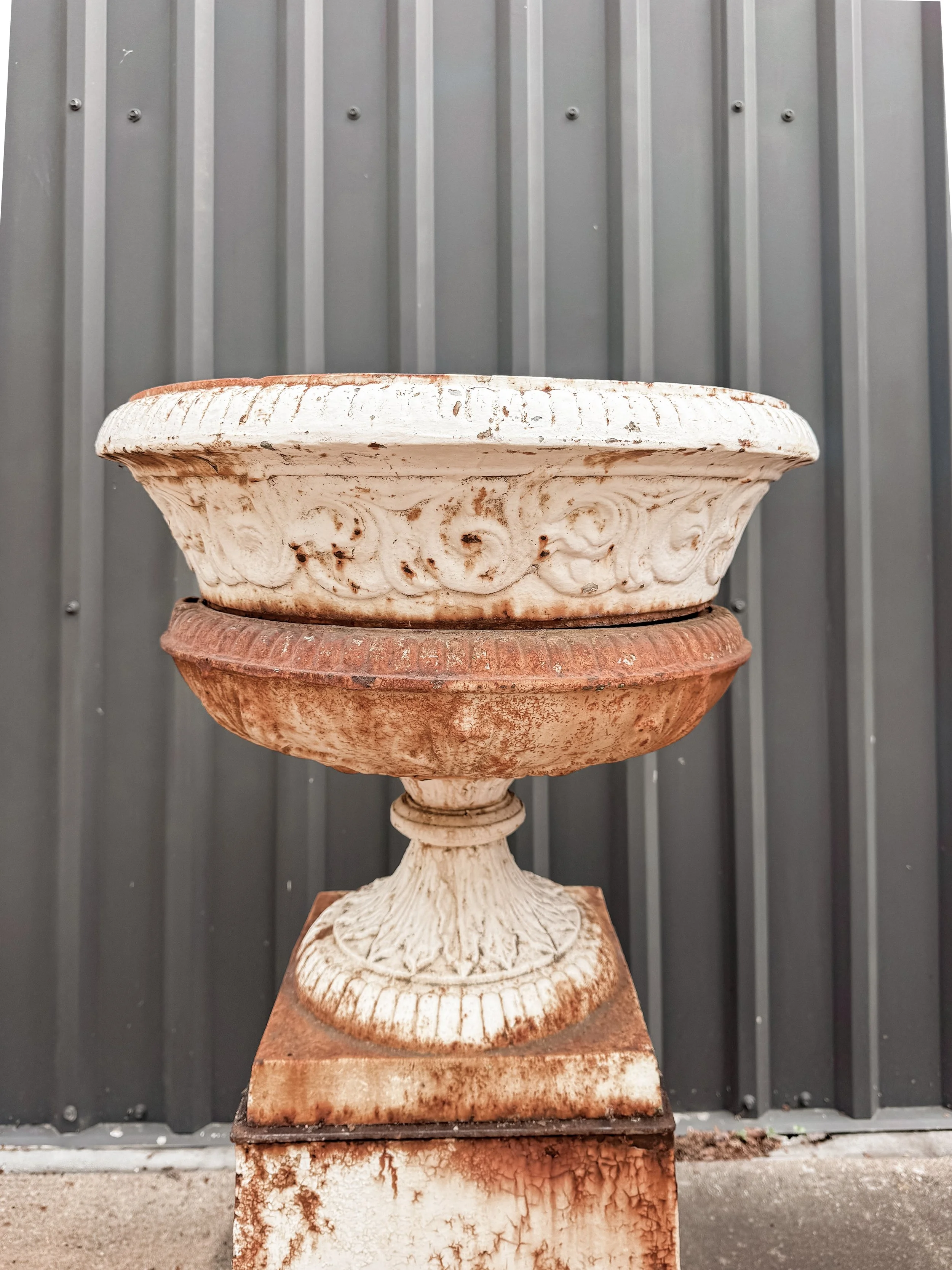 Antique Cast Iron Garden Urns on Tall Plinth Bases