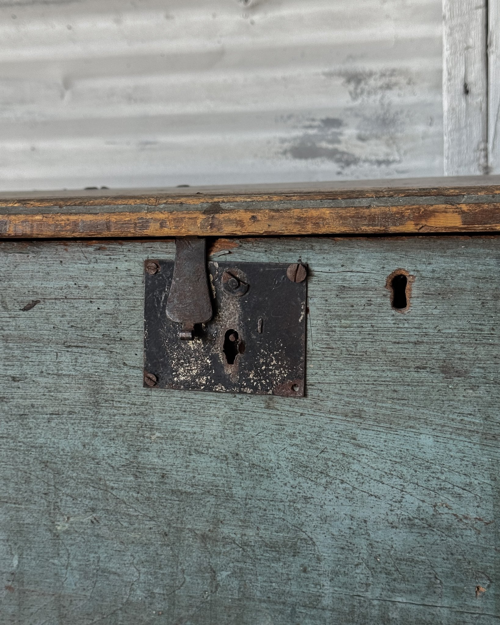 18th C. Blanket Chest with Teal Blue Paint