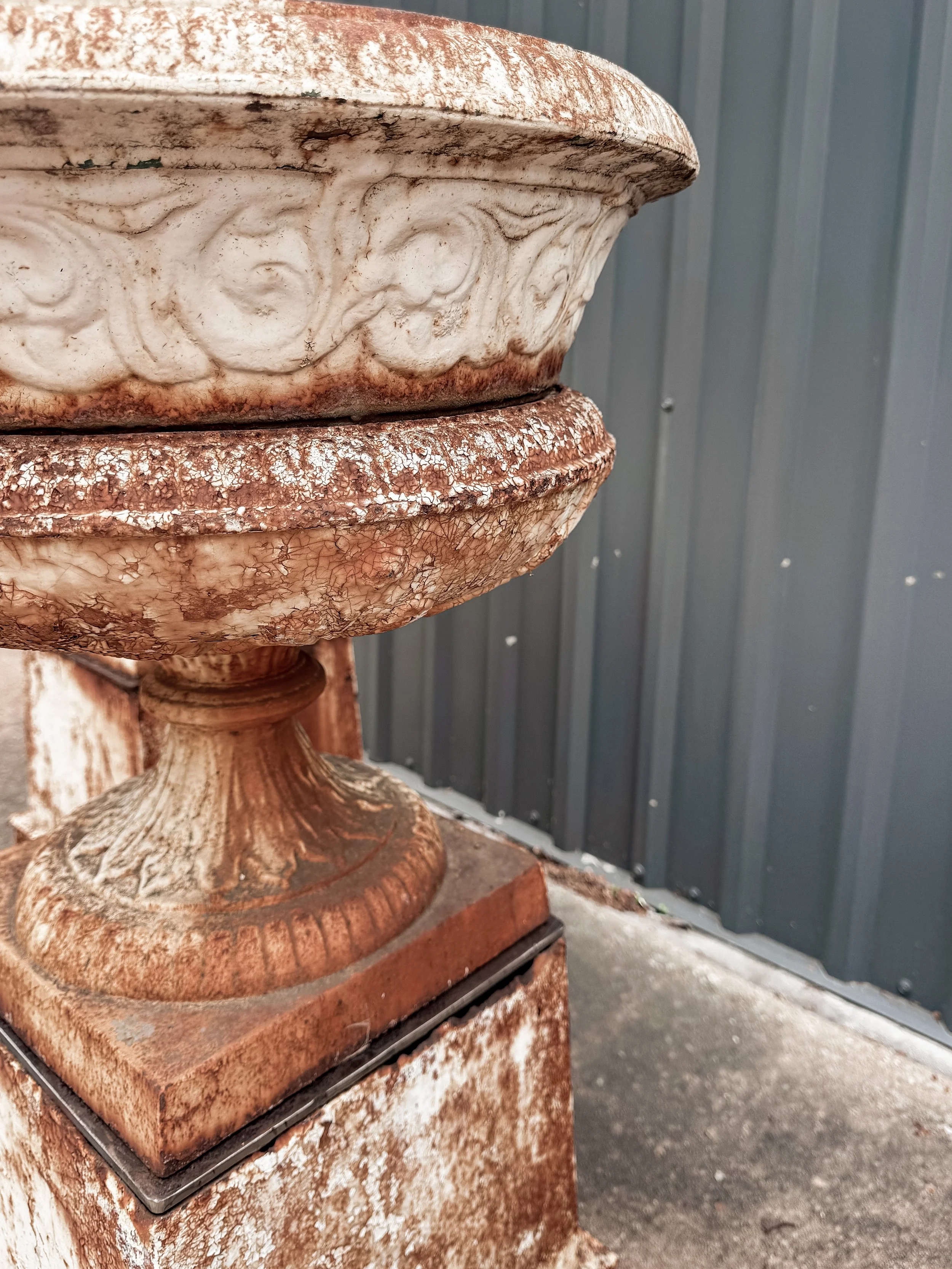 Antique Cast Iron Garden Urns on Tall Plinth Bases