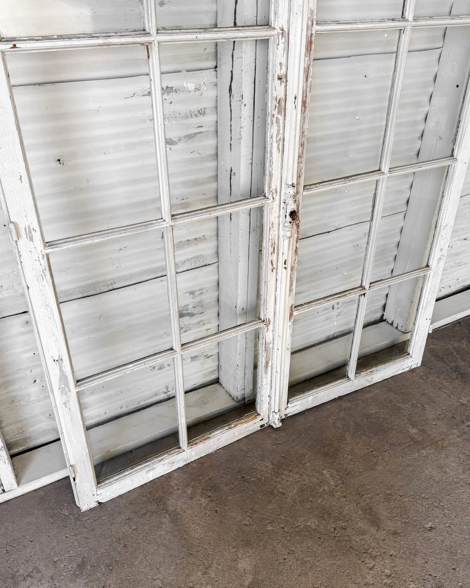 Pair Salvaged Antique French 20 Lite Arched Top Oak Windows with Iron Hardware