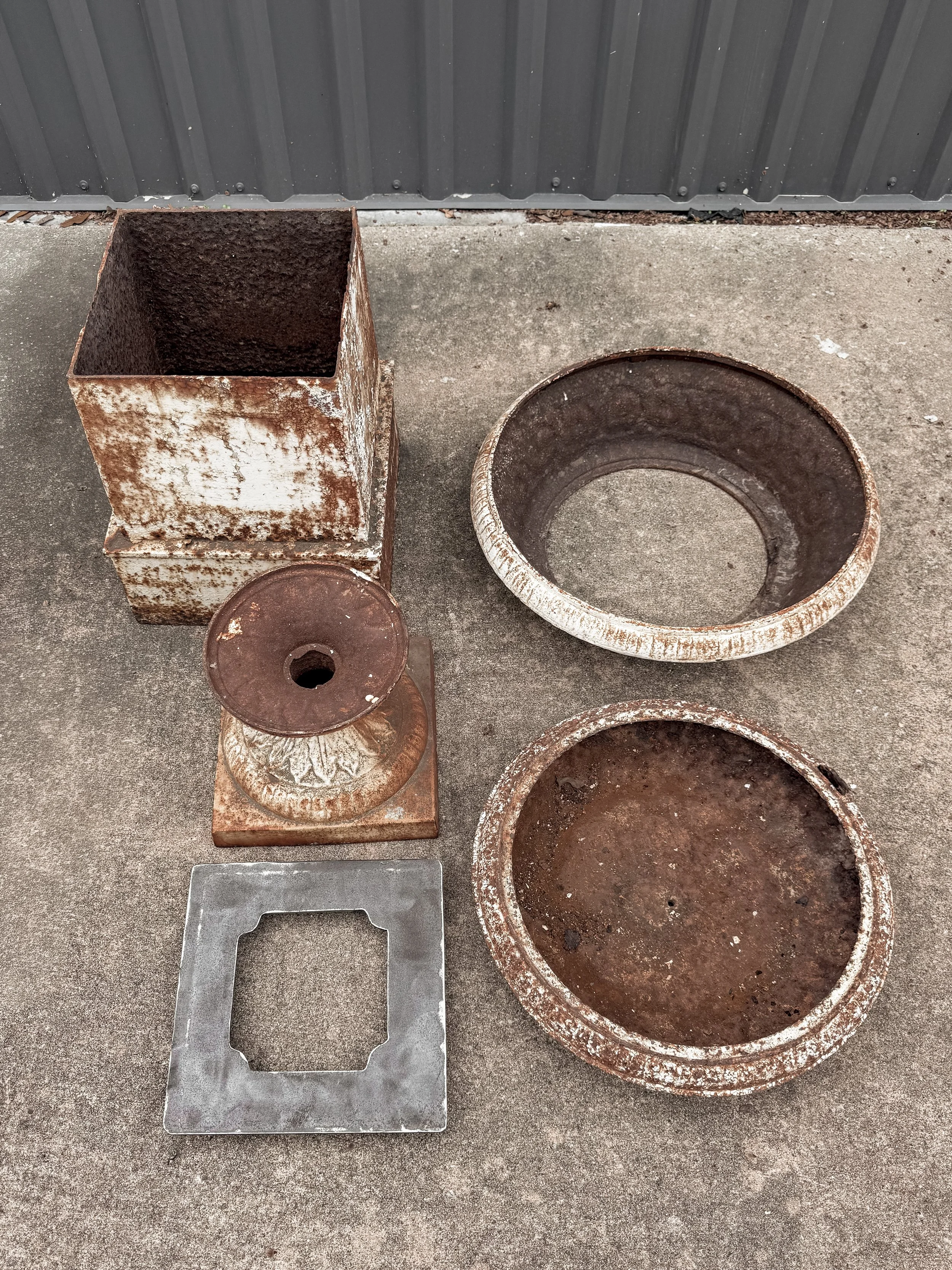 Antique Cast Iron Garden Urns on Tall Plinth Bases