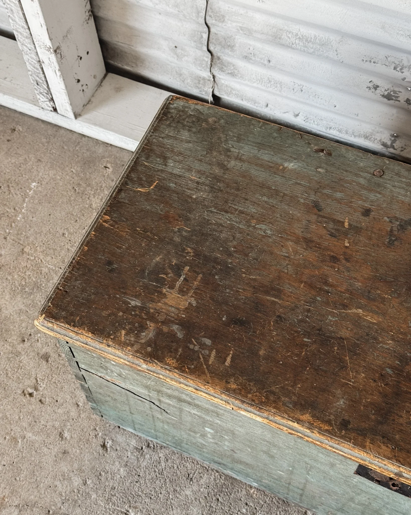 18th C. Blanket Chest with Teal Blue Paint