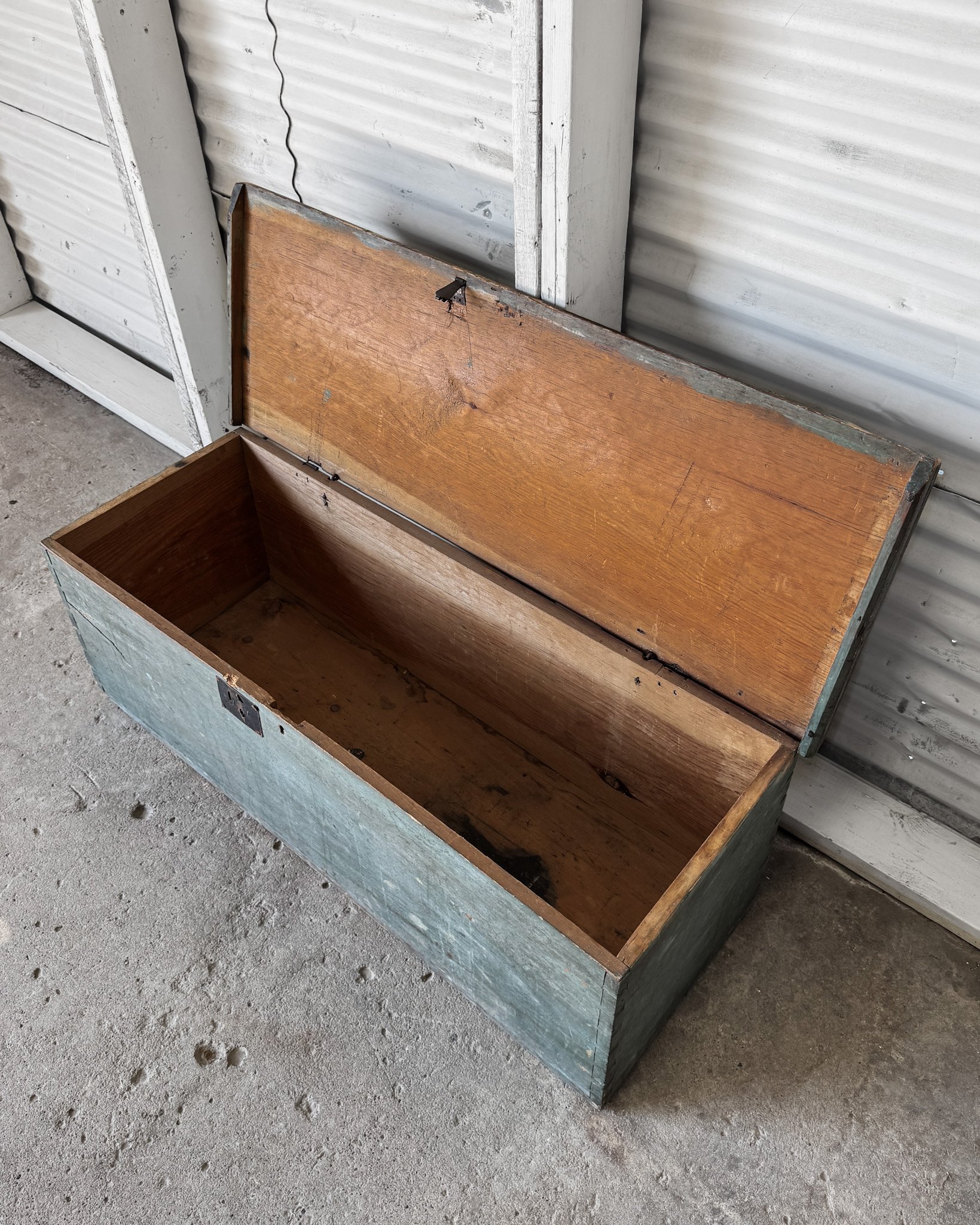 18th C. Trunk with Teal Blue Paint
