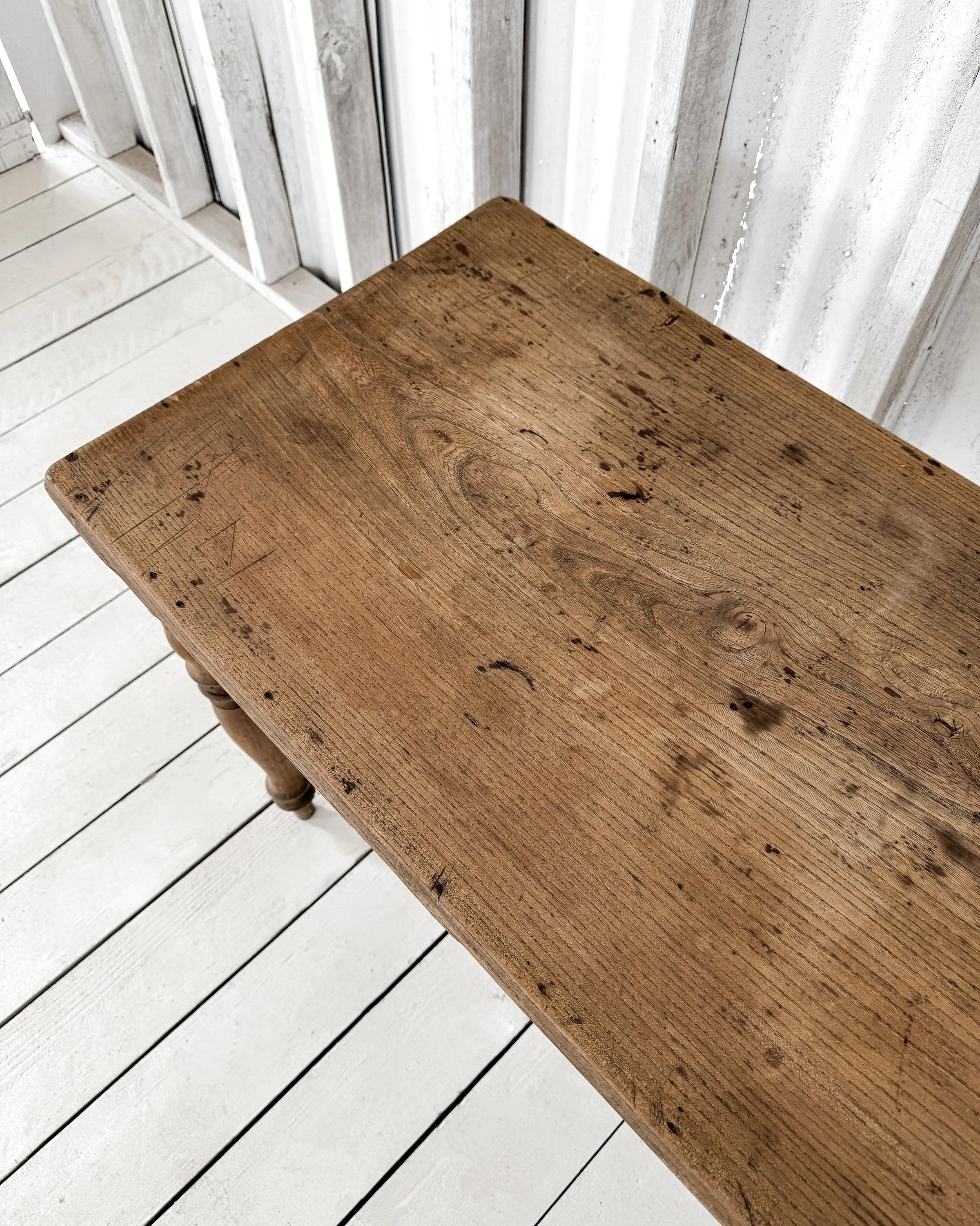 Antique French Pine Kitchen Table with Turned Legs