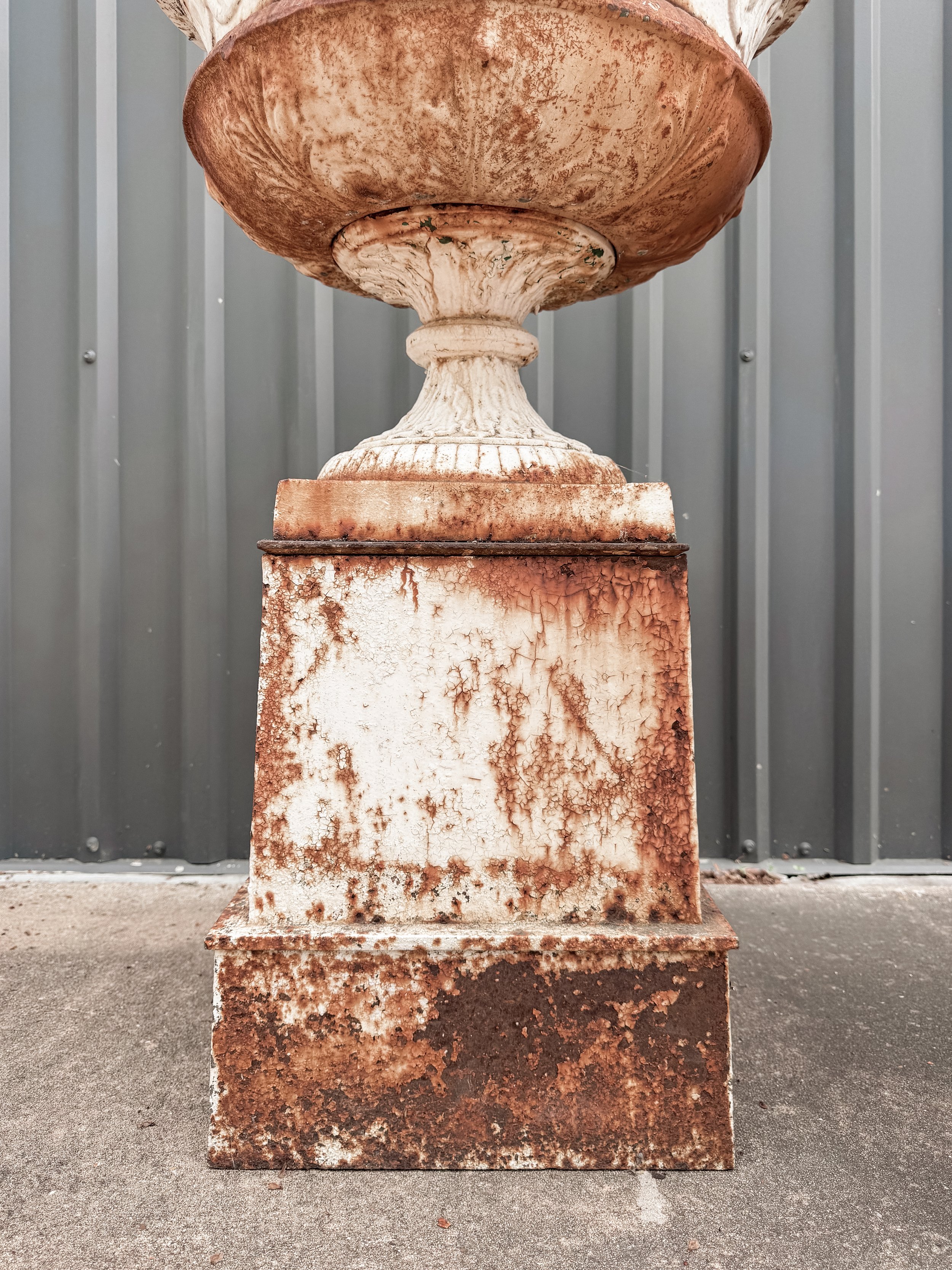 Antique Cast Iron Garden Urns on Tall Plinth Bases