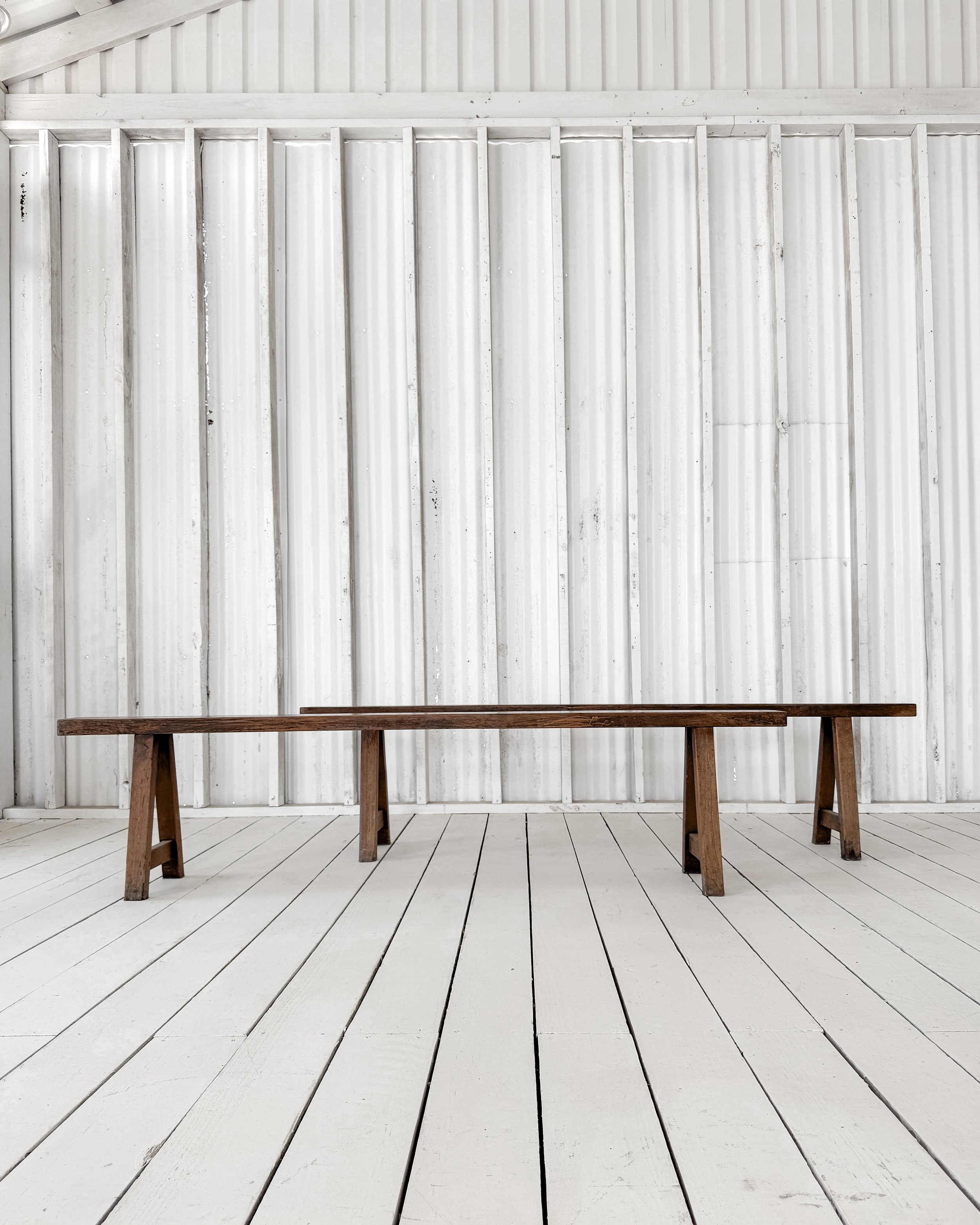 (Pair) Antique Walnut Benches with A-Frame Legs