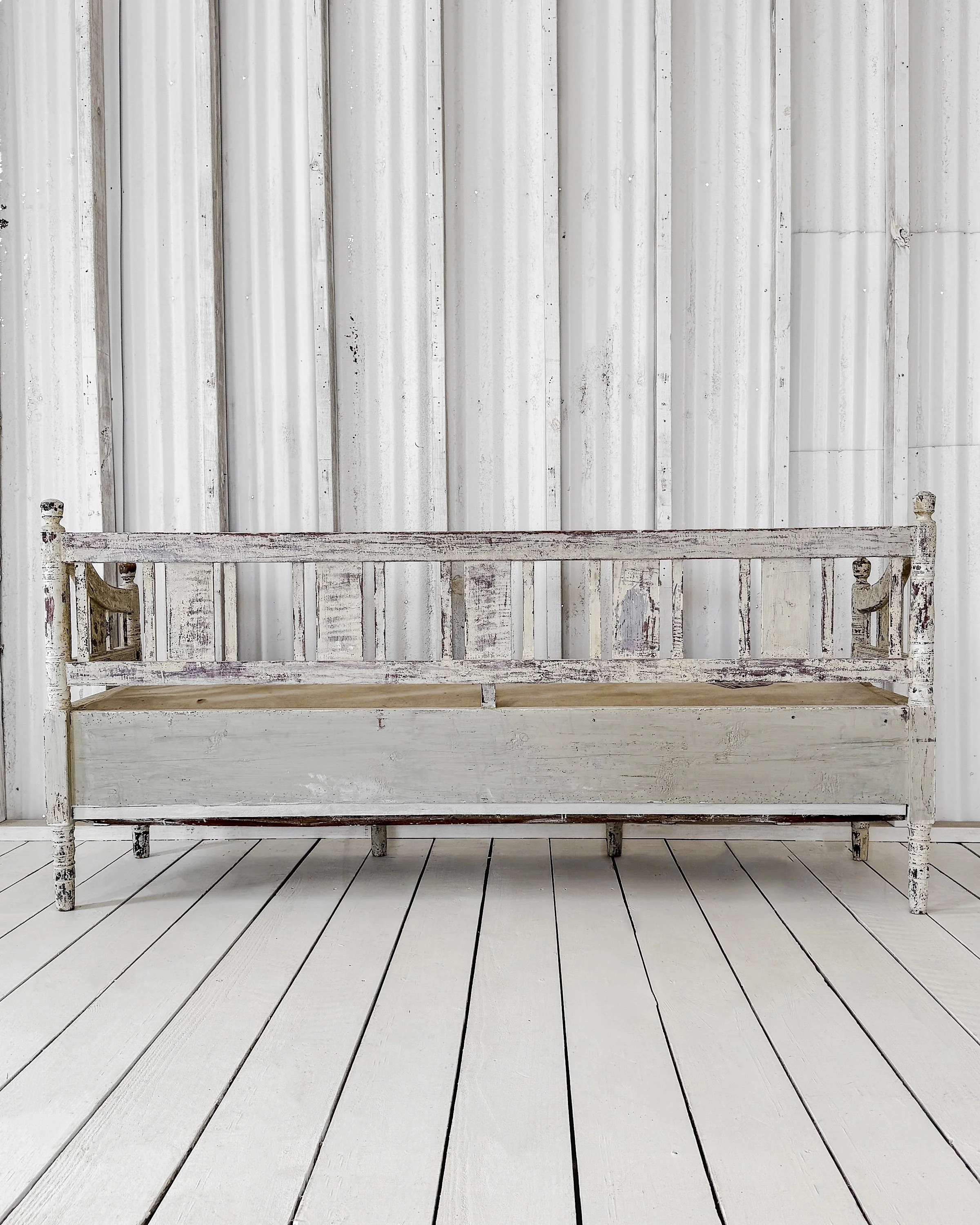 Swedish Slagbänk Storage Bench with Spindle Back