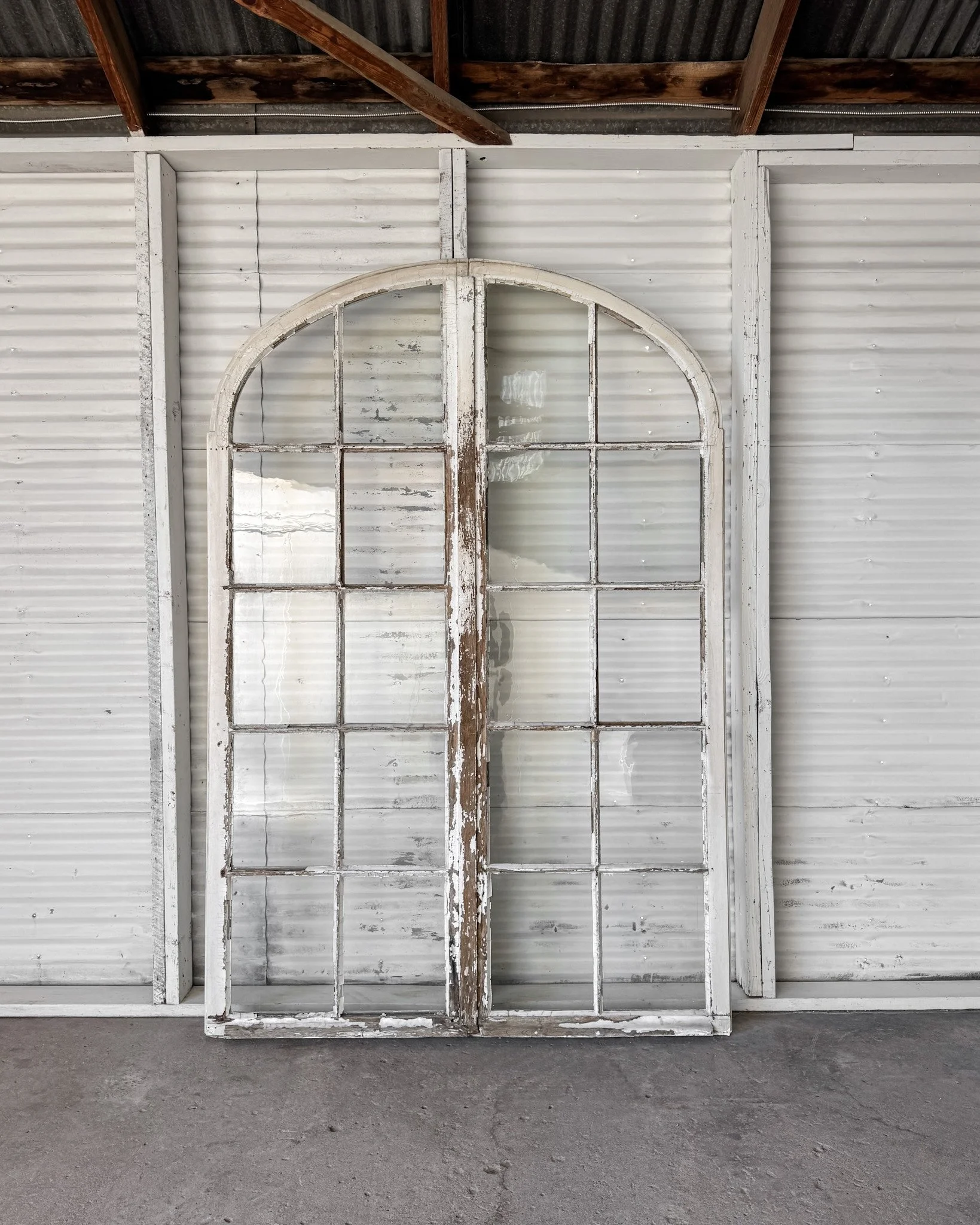 Pair Reclaimed French 20 Lite Arched Top Oak Windows with Iron Hardware