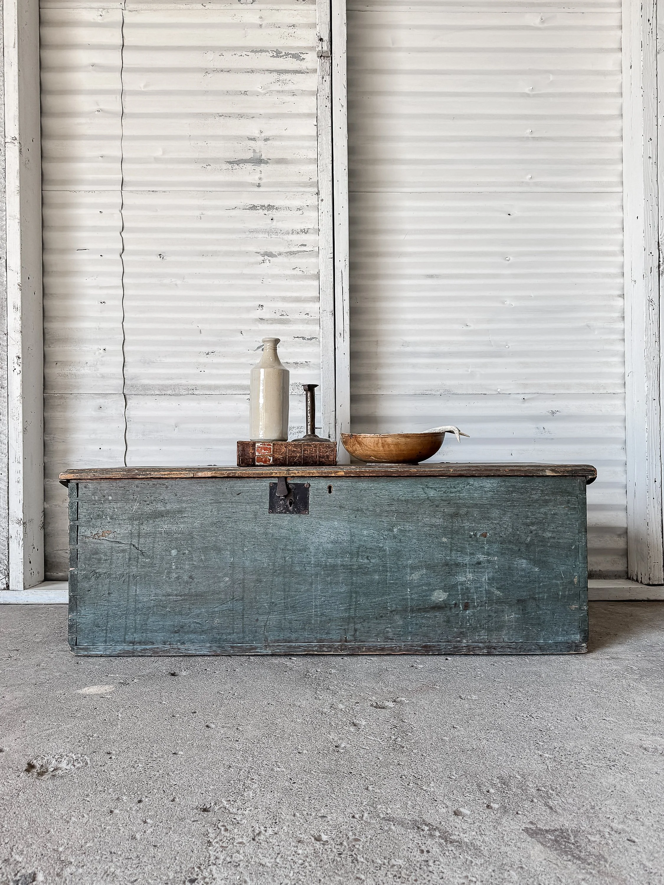 18th C. Trunk with Teal Blue Paint