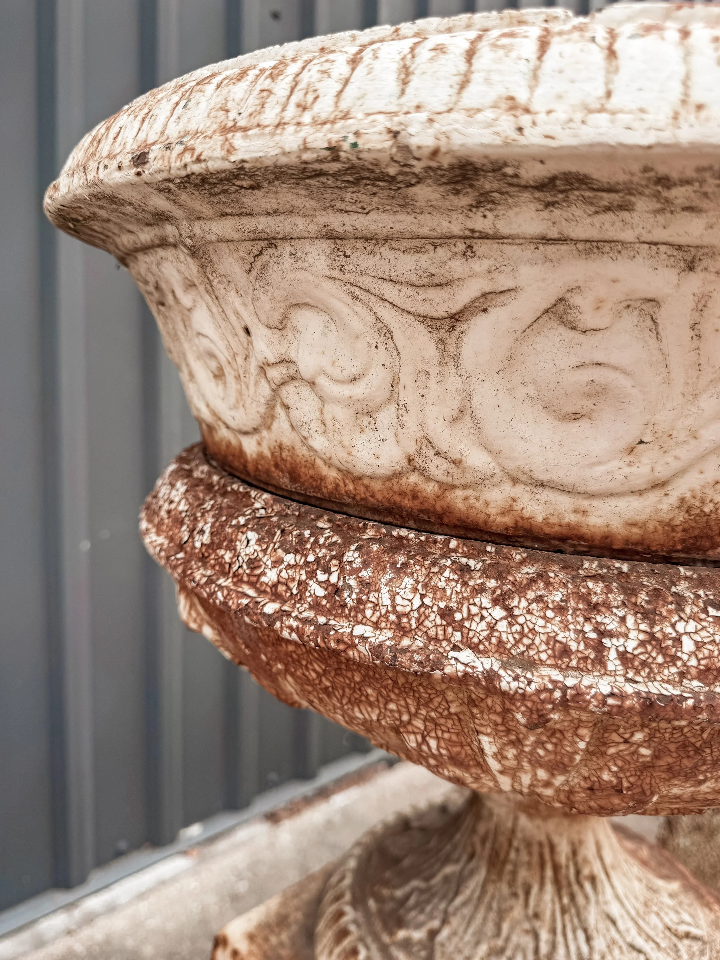 Antique Cast Iron Garden Urns on Tall Plinth Bases