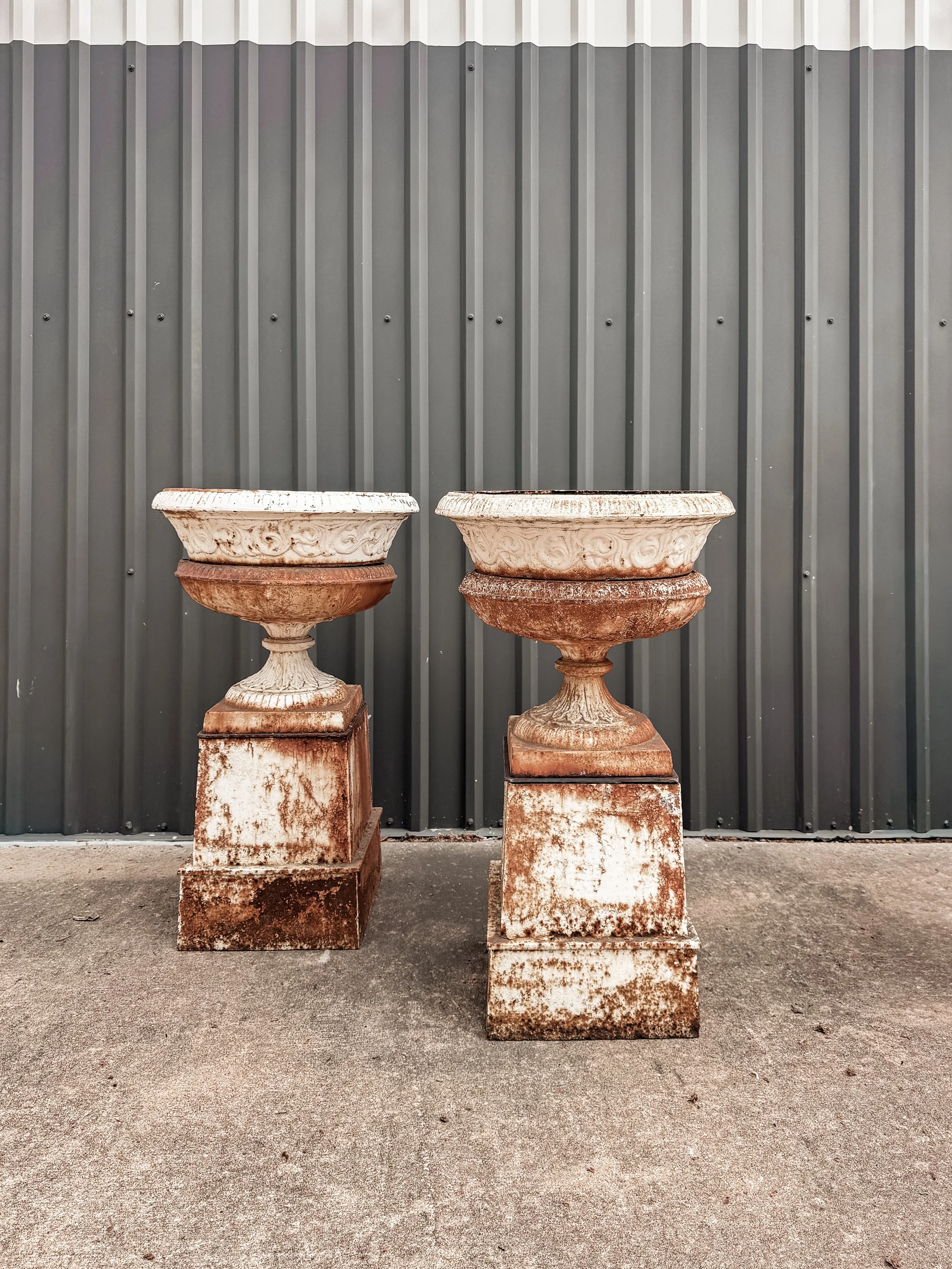 Antique Cast Iron Garden Urns on Tall Plinth Bases