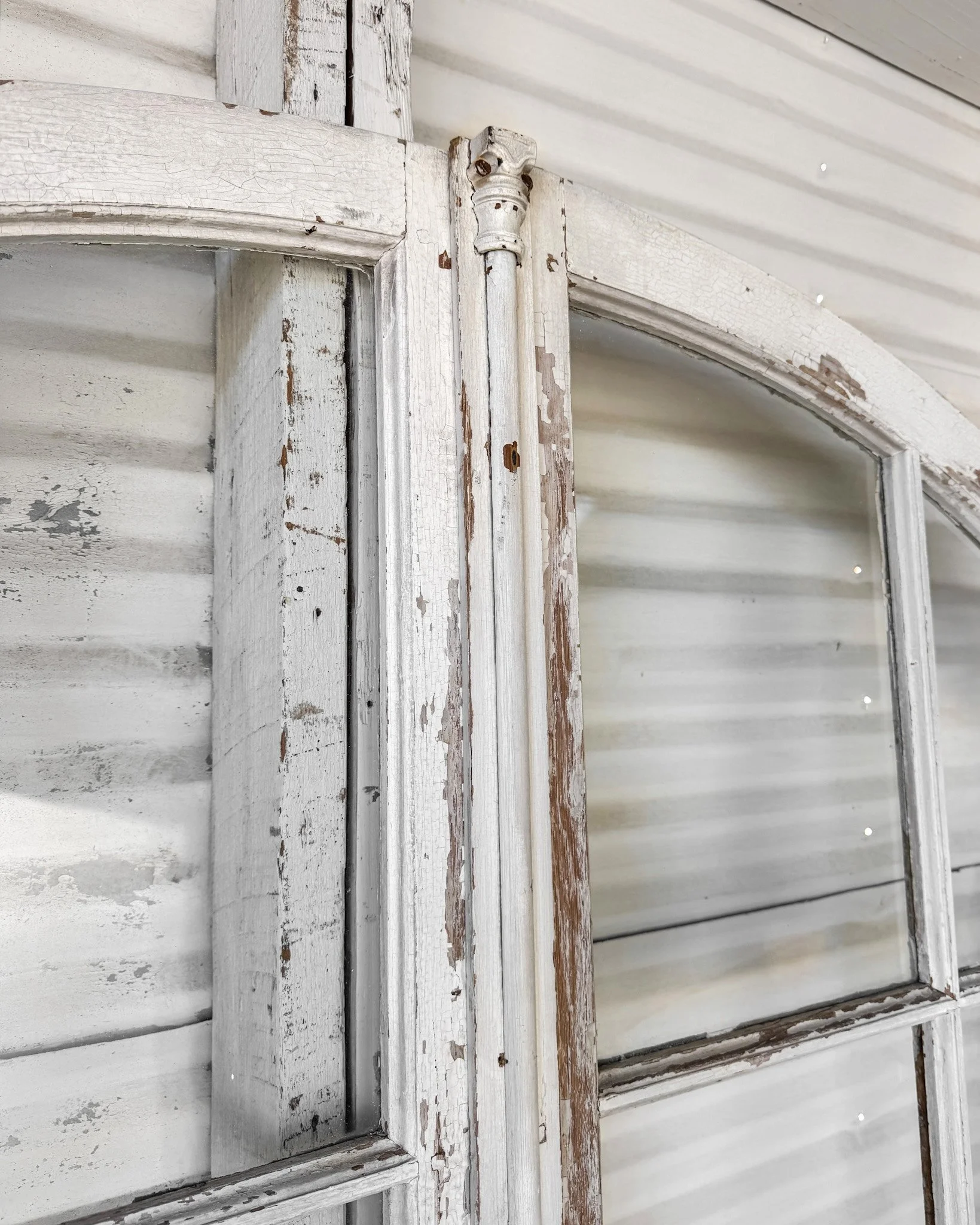 Pair Reclaimed French 20 Lite Arched Top Oak Windows with Iron Hardware