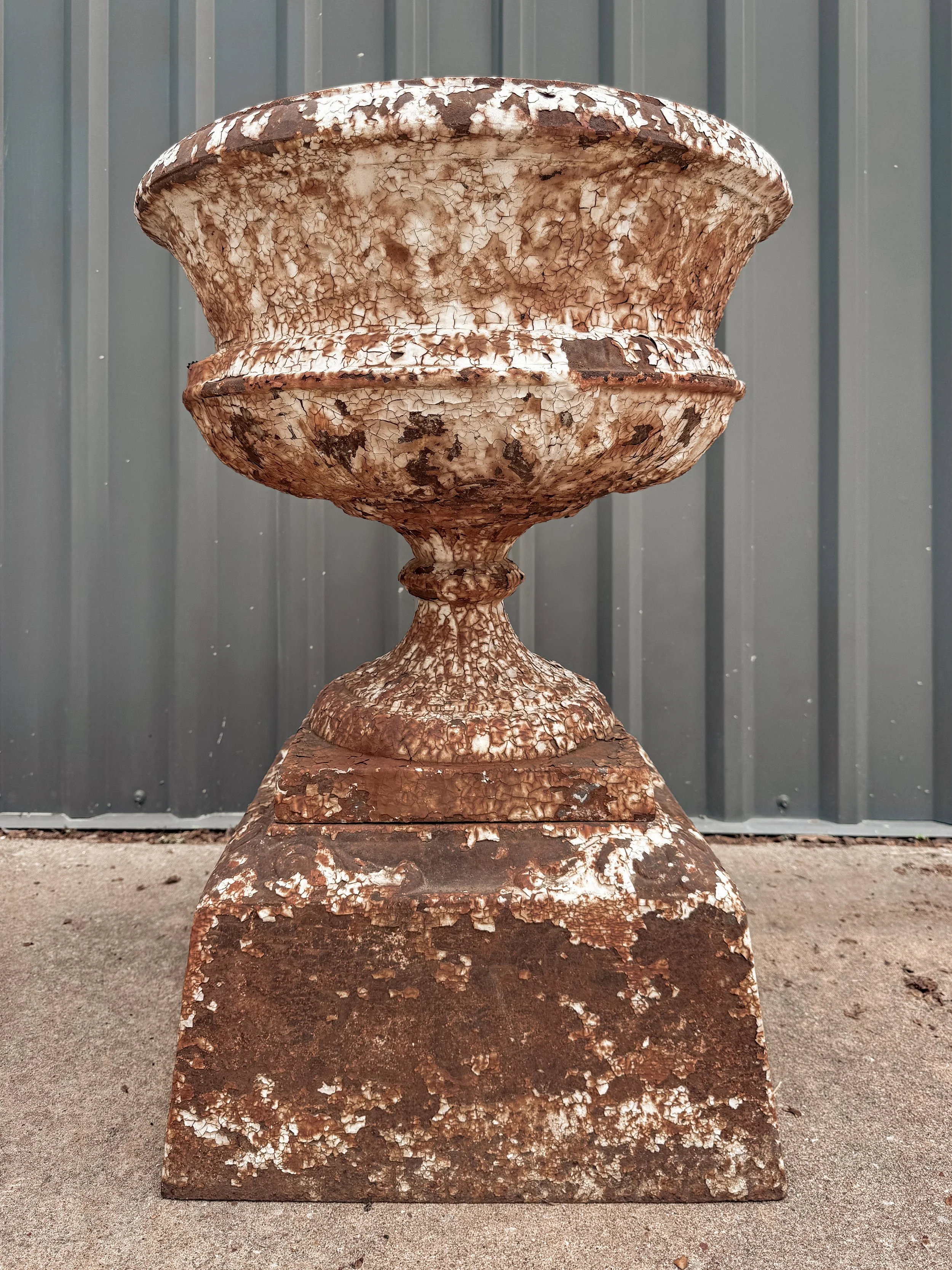 Antique Cast Iron Garden Urns on Integral Plinth Bases