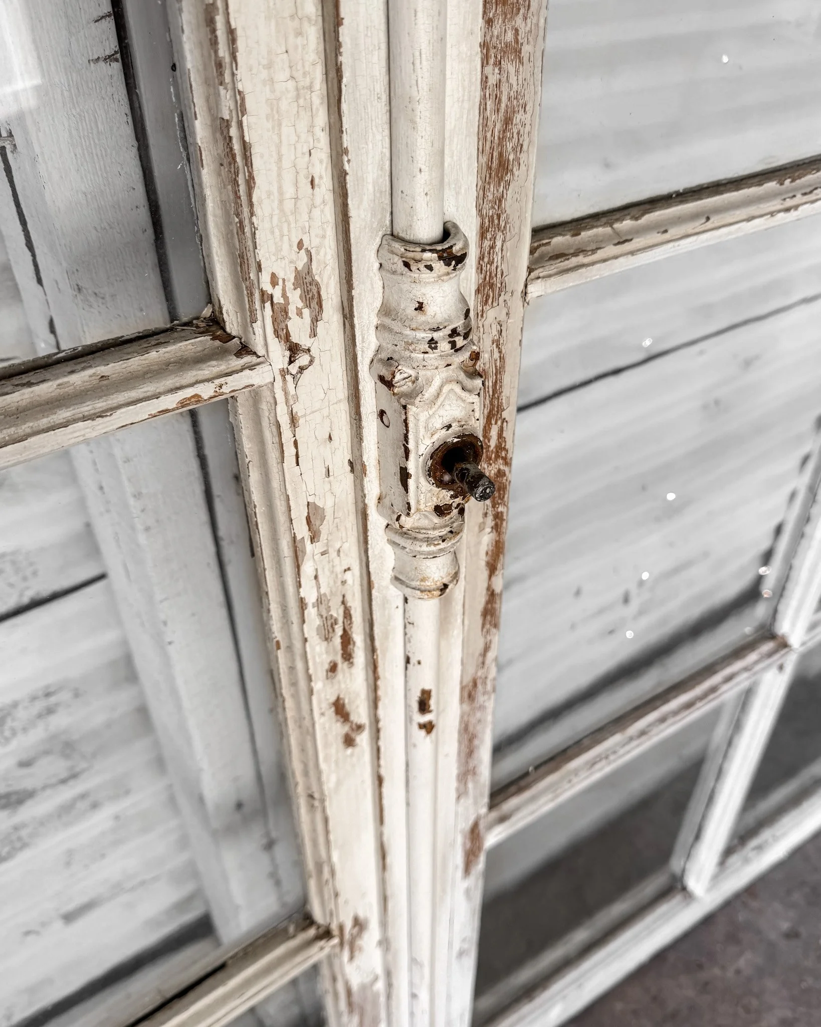 Pair Salvaged Antique French 20 Lite Arched Top Oak Windows with Iron Hardware