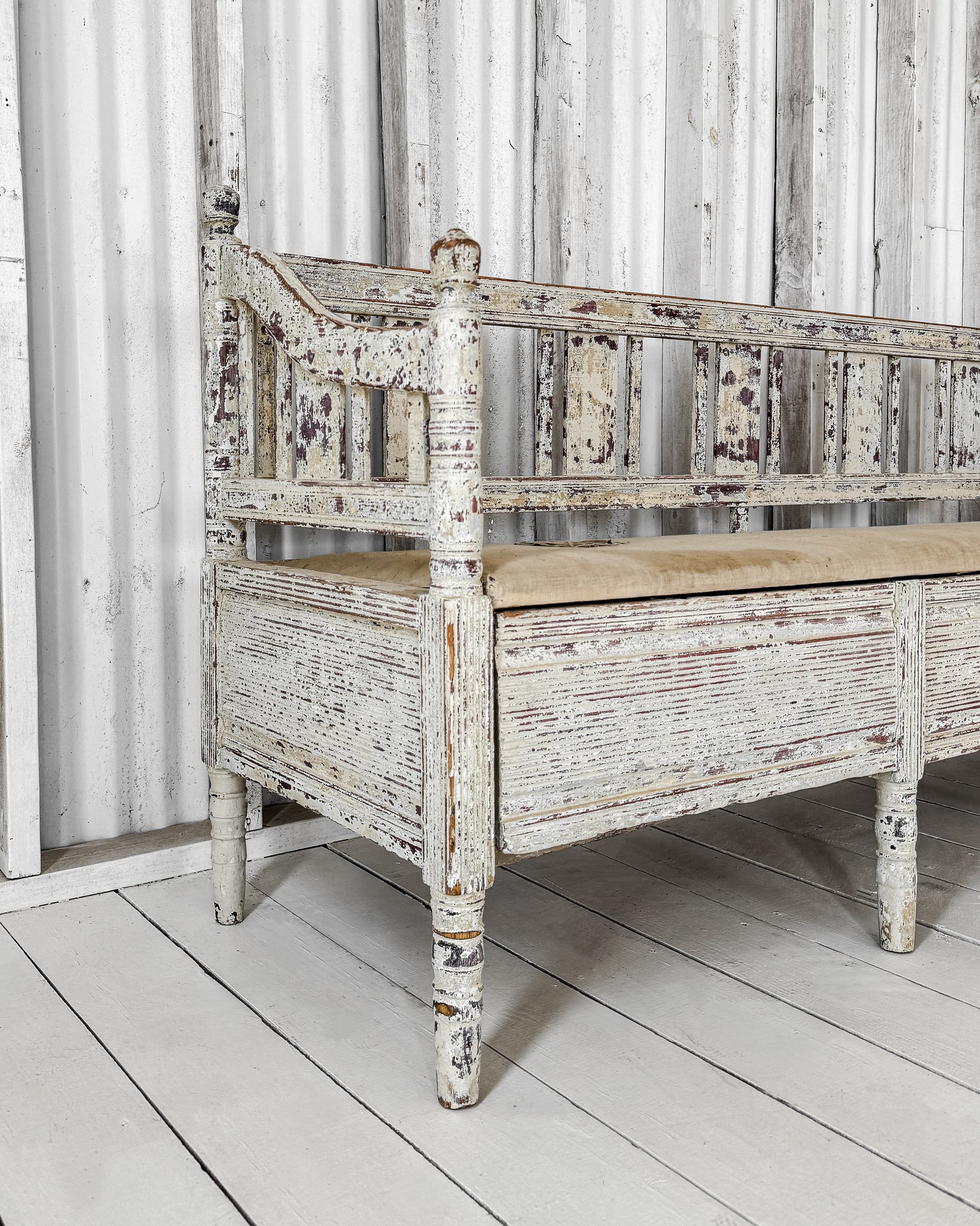 Swedish Slagbänk Storage Bench with Spindle Back