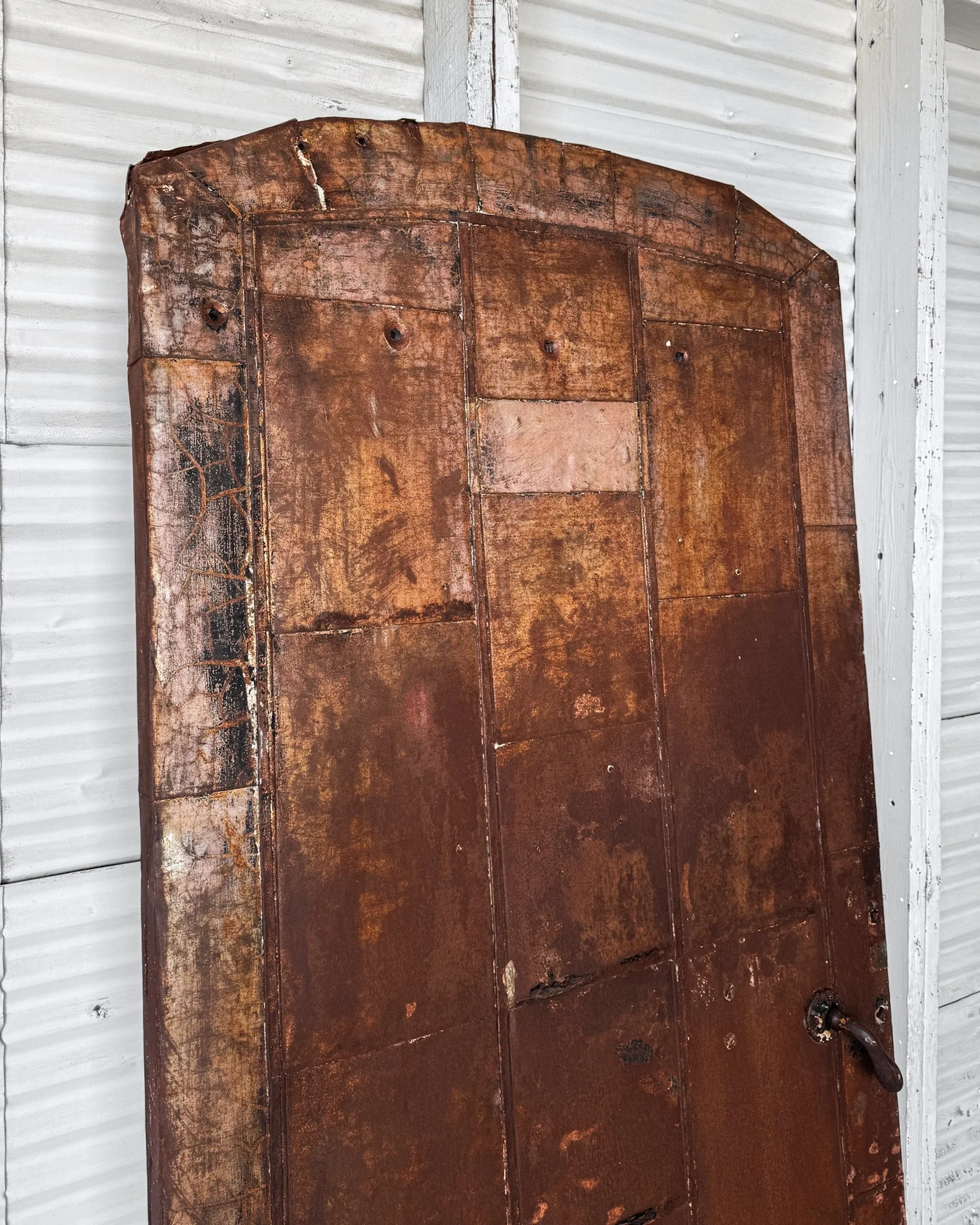 Salvaged Early 19th Century Fire Safe Factory Door with Arched Top