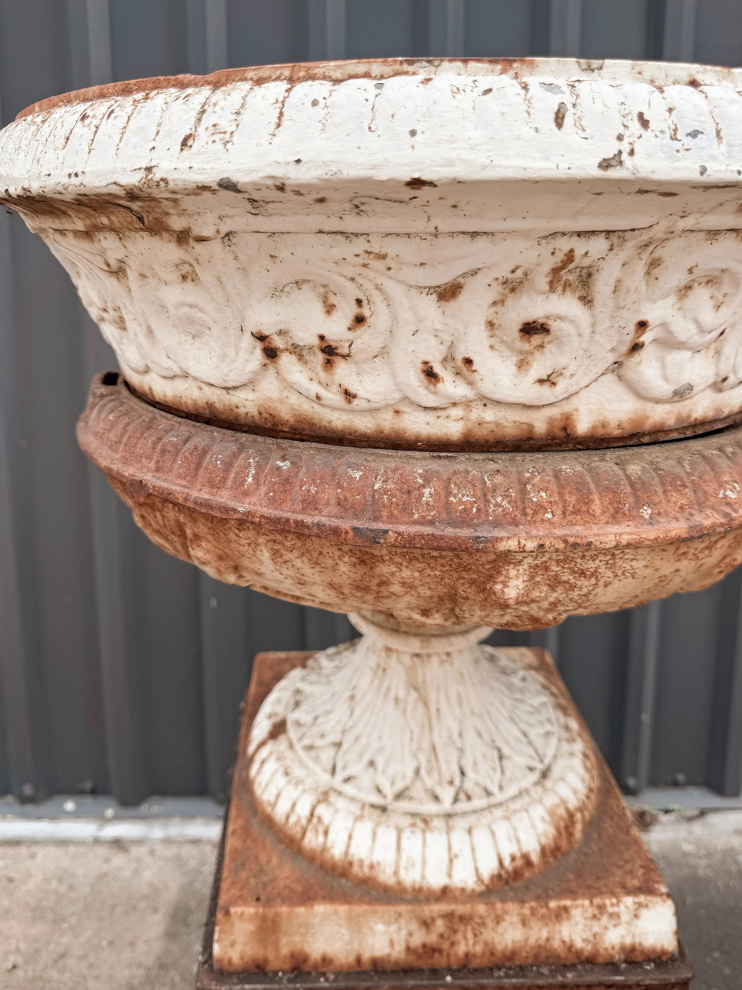 Antique Cast Iron Garden Urns on Tall Plinth Bases