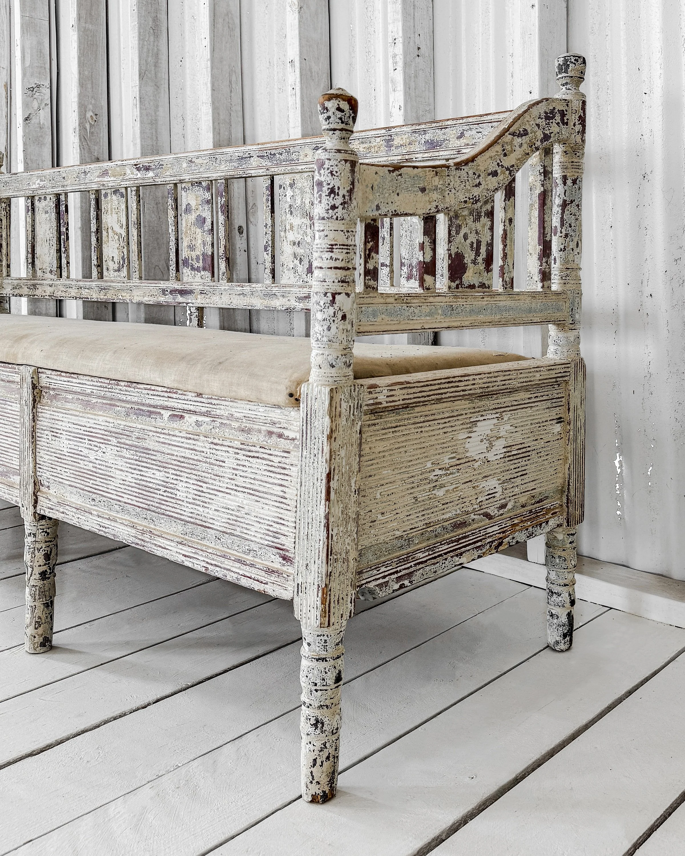Swedish Slagbänk Storage Bench with Spindle Back