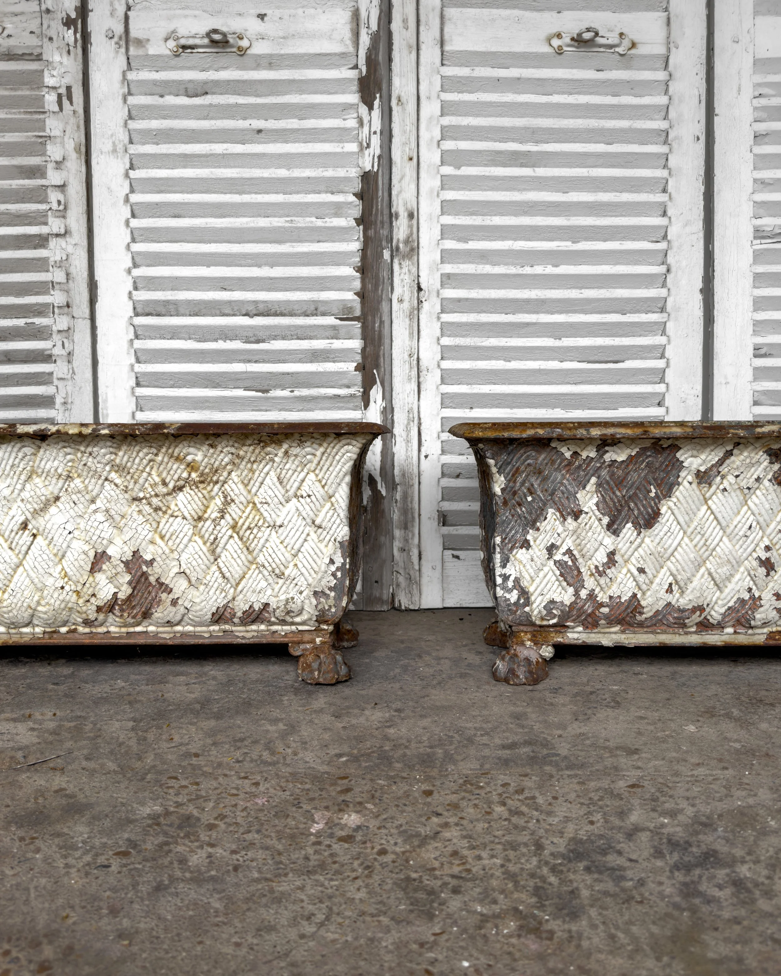 Antique Victorian Cast Iron Basket-Weave Planters