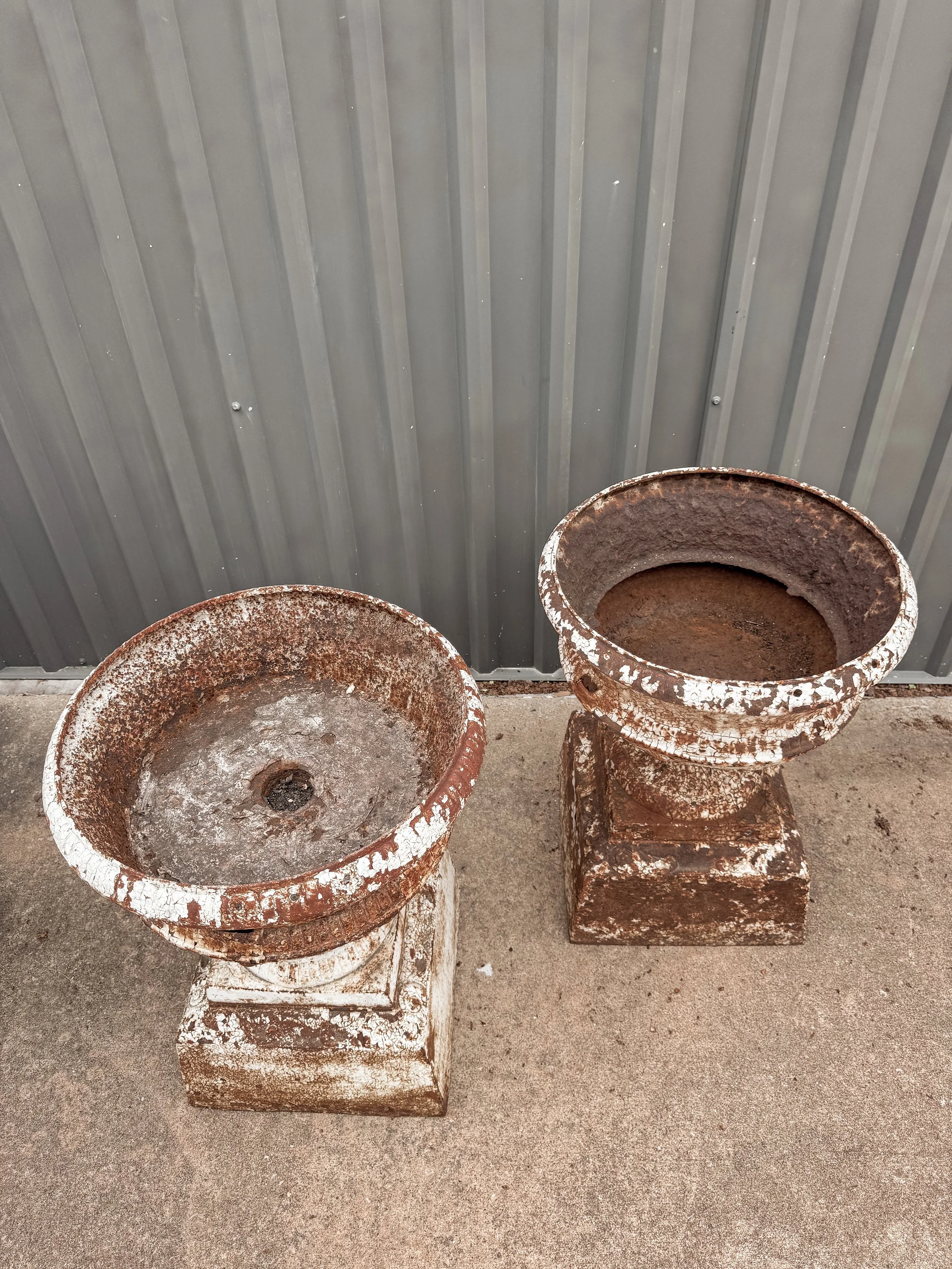 Antique Cast Iron Garden Urns on Integral Plinth Bases