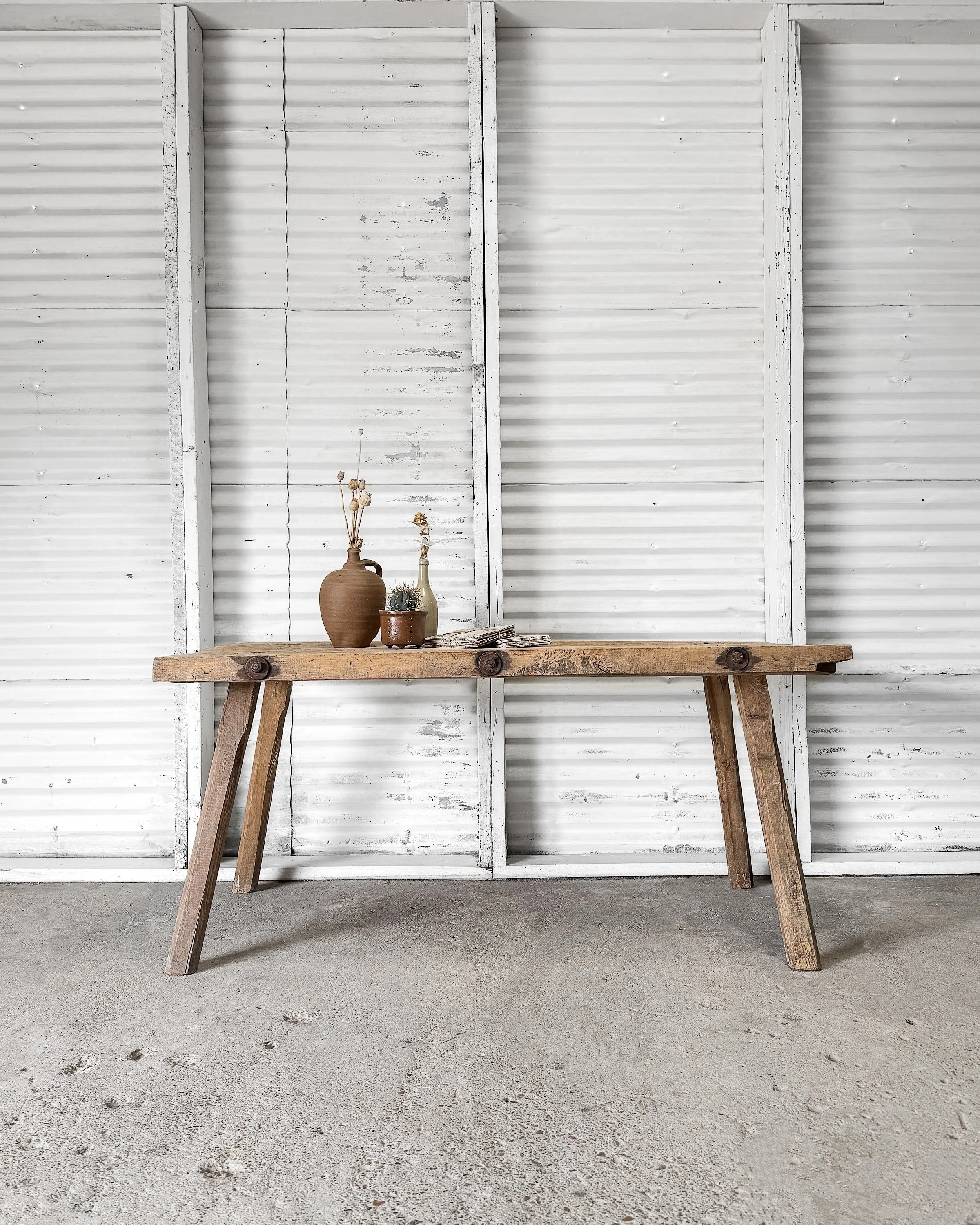 Antique Rustic Work Table with Pegged Legs and Iron Bolt Details