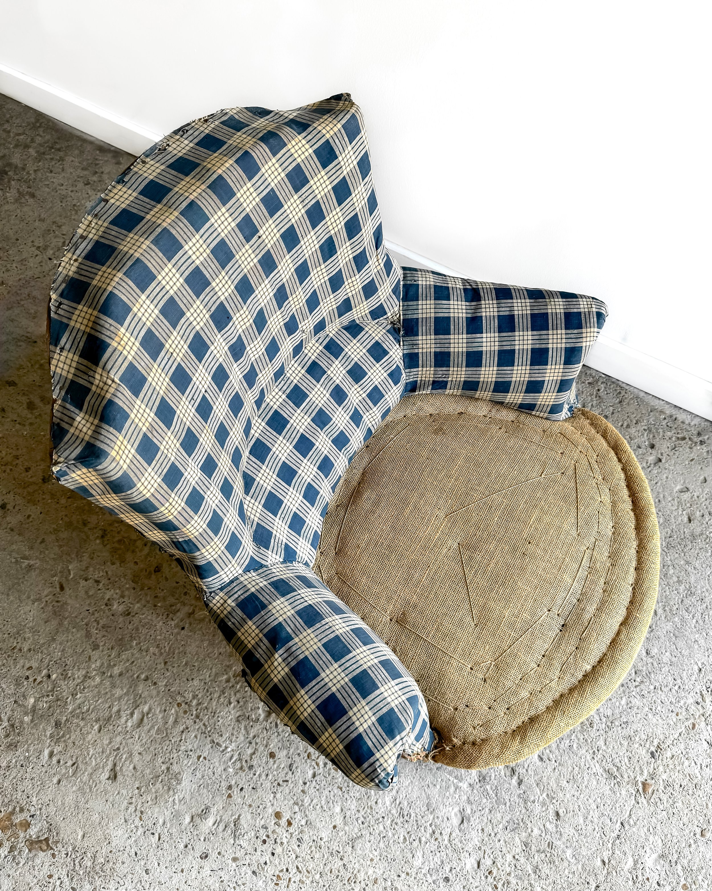 19th C. Deconstructed Blue Plaid Napoleon III Armchair
