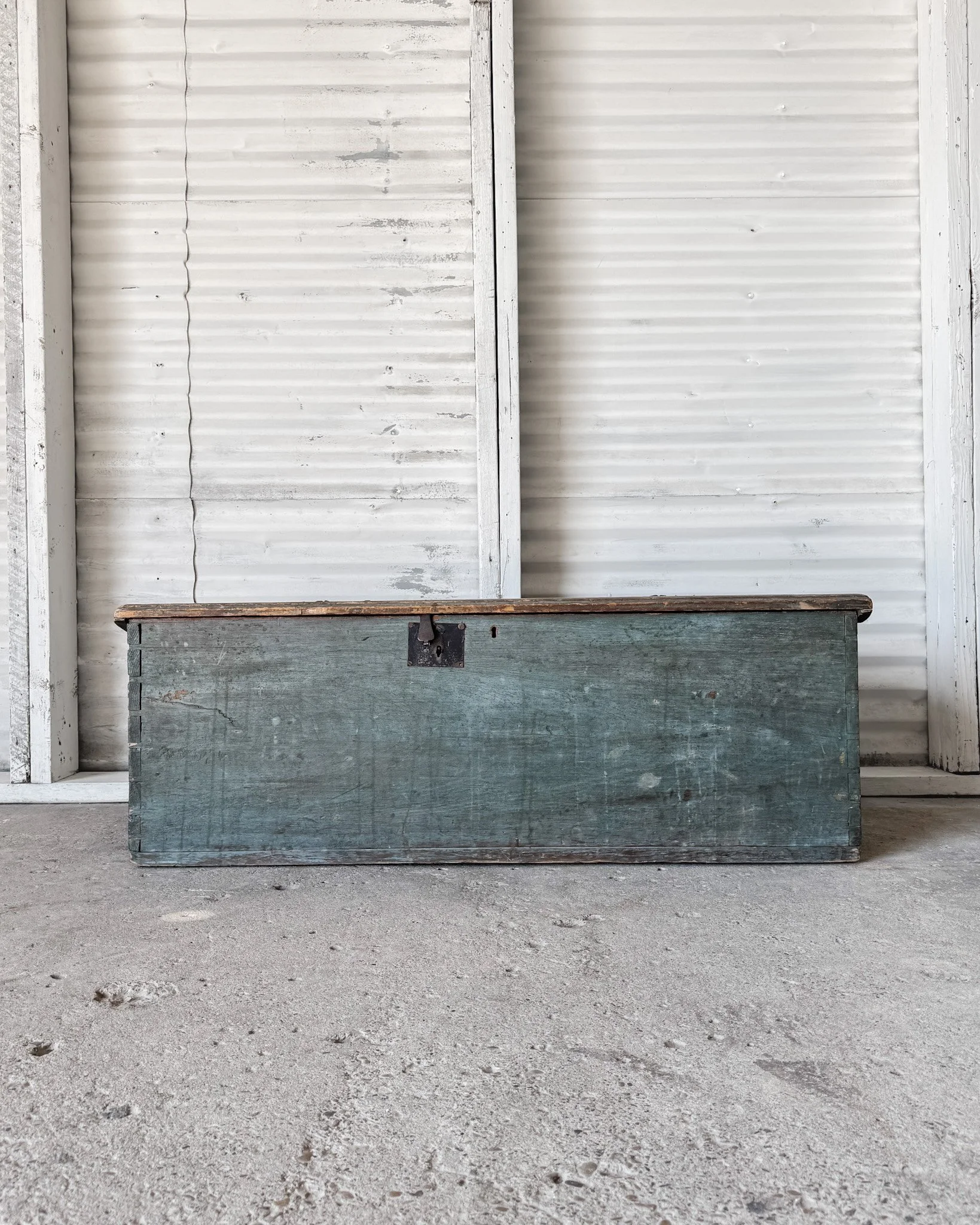 18th C. Blanket Chest with Teal Blue Paint