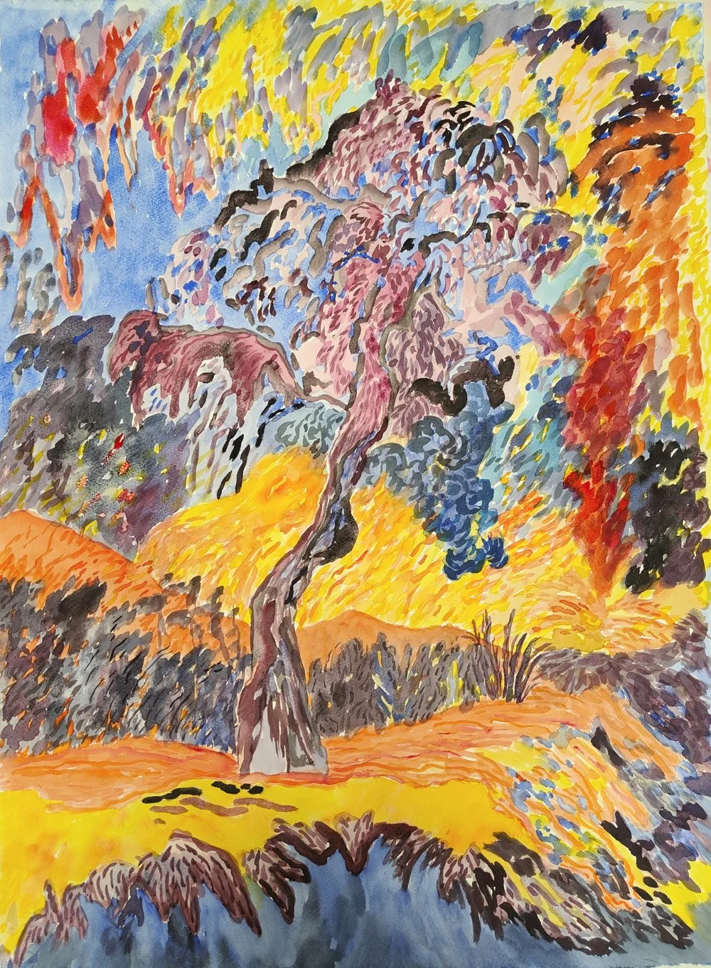 Pluie de feu sur l'arbre amoureux, aquarelle, 56x76cm, 2026