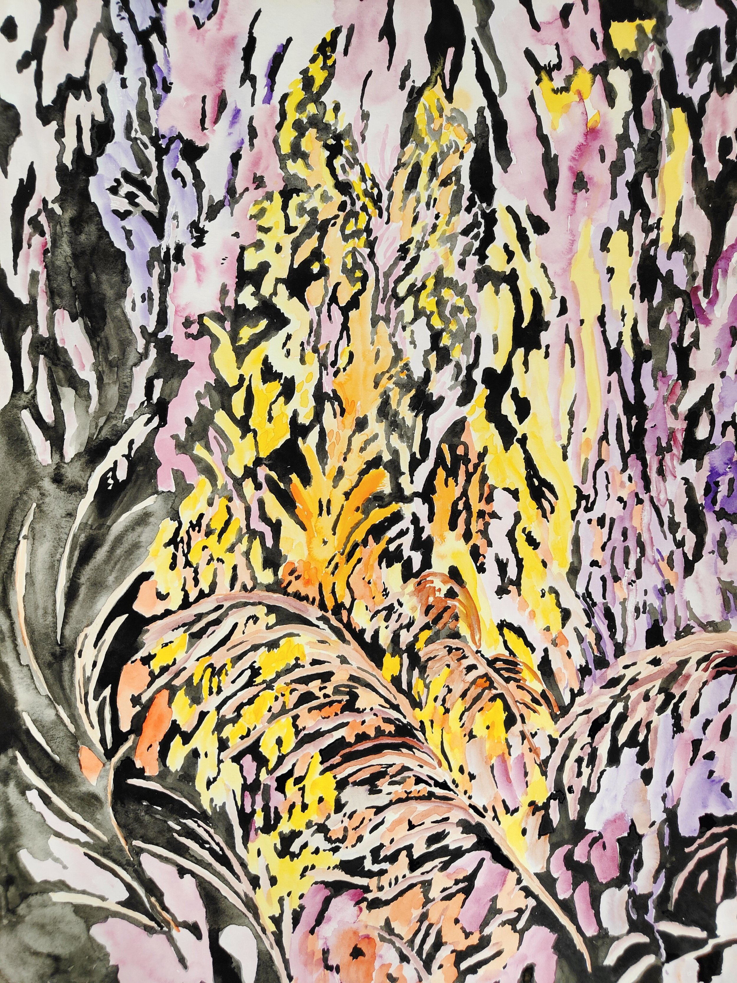 Et la nuit dévora les flammes, aquarelle, 36x58cm, 2026