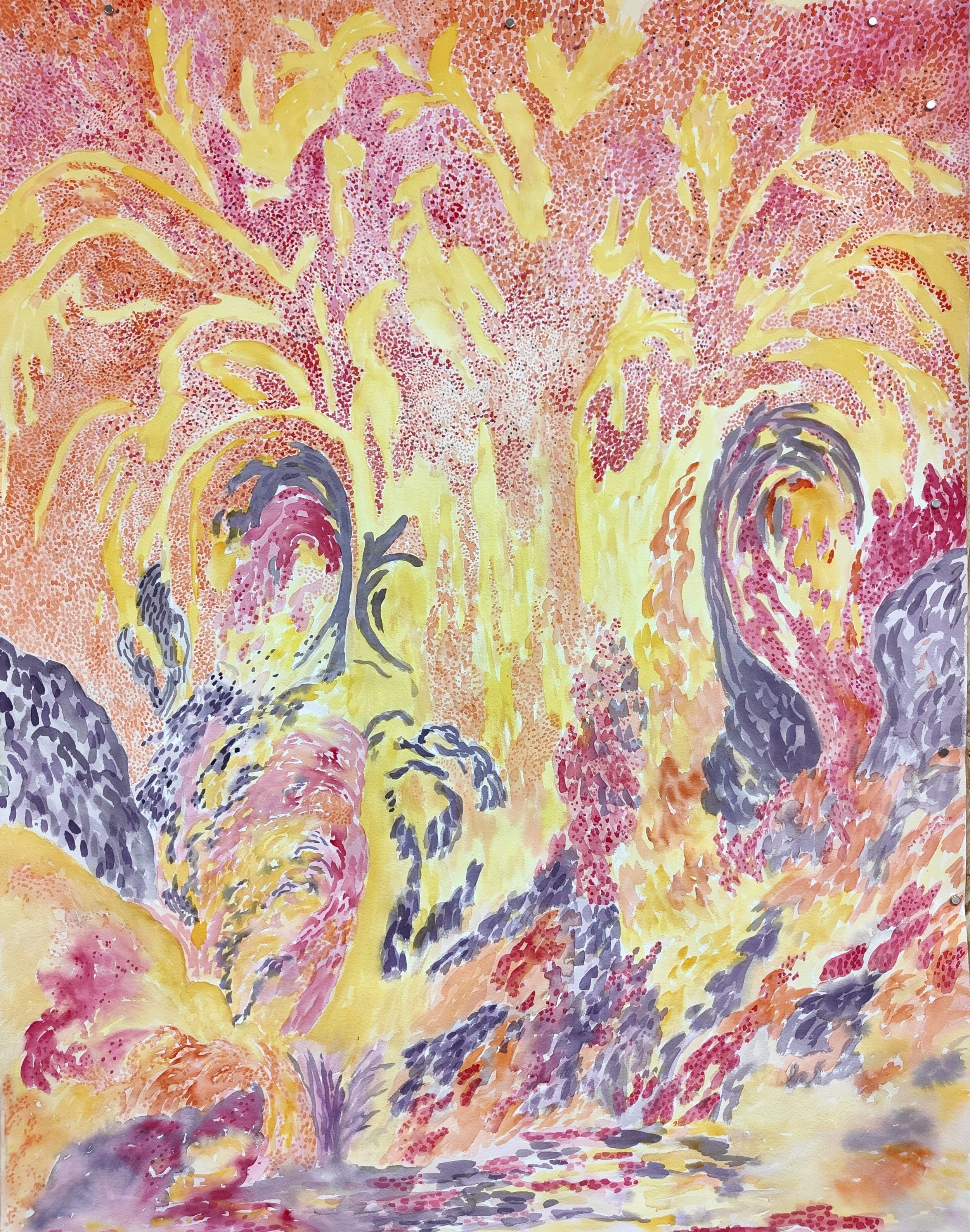 Saule pleureur au coeur de braise, aquarelle, 114x90cm, 2026