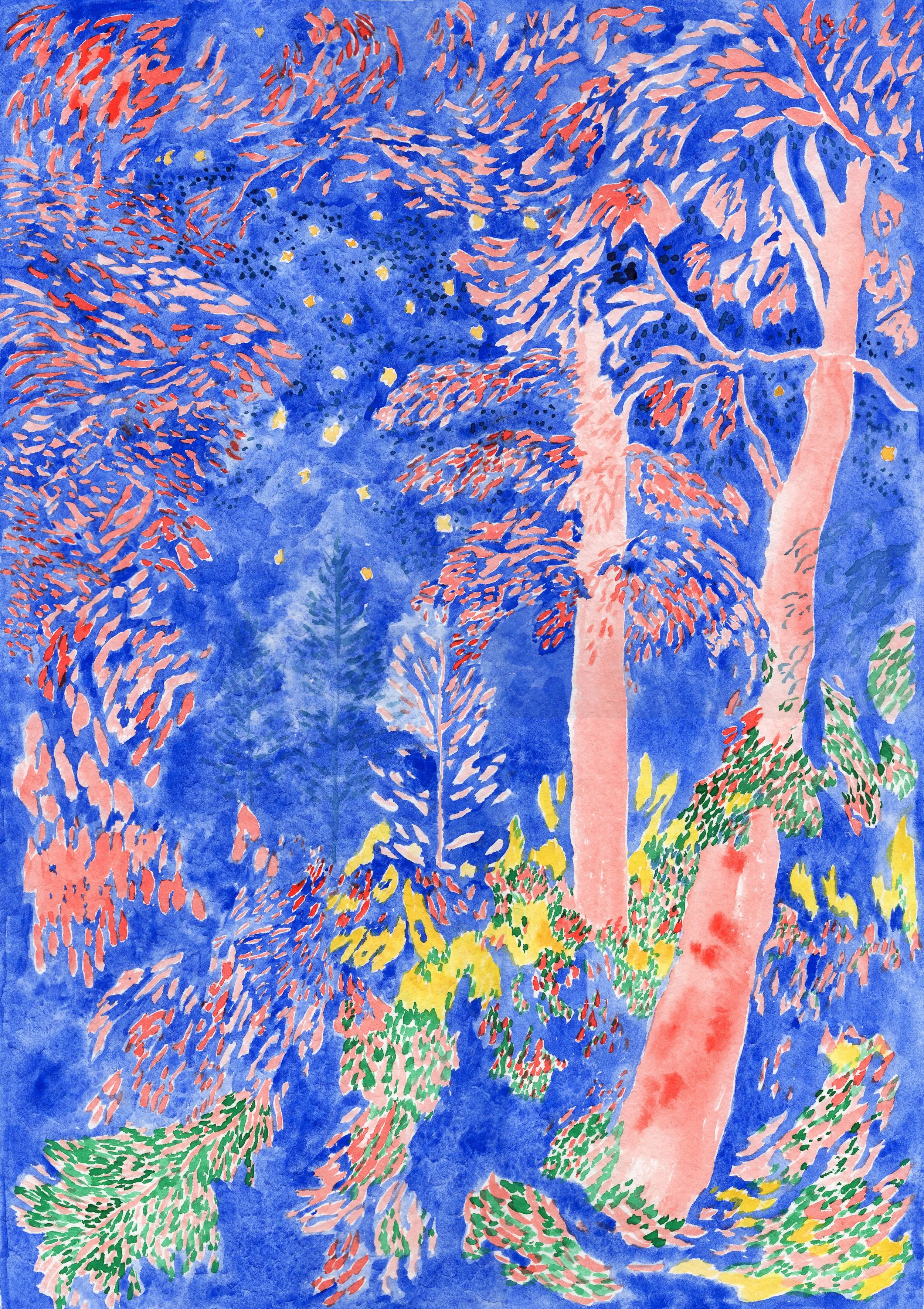 Brasier dans la nuit, aquarelle, 36x51cm, 2025